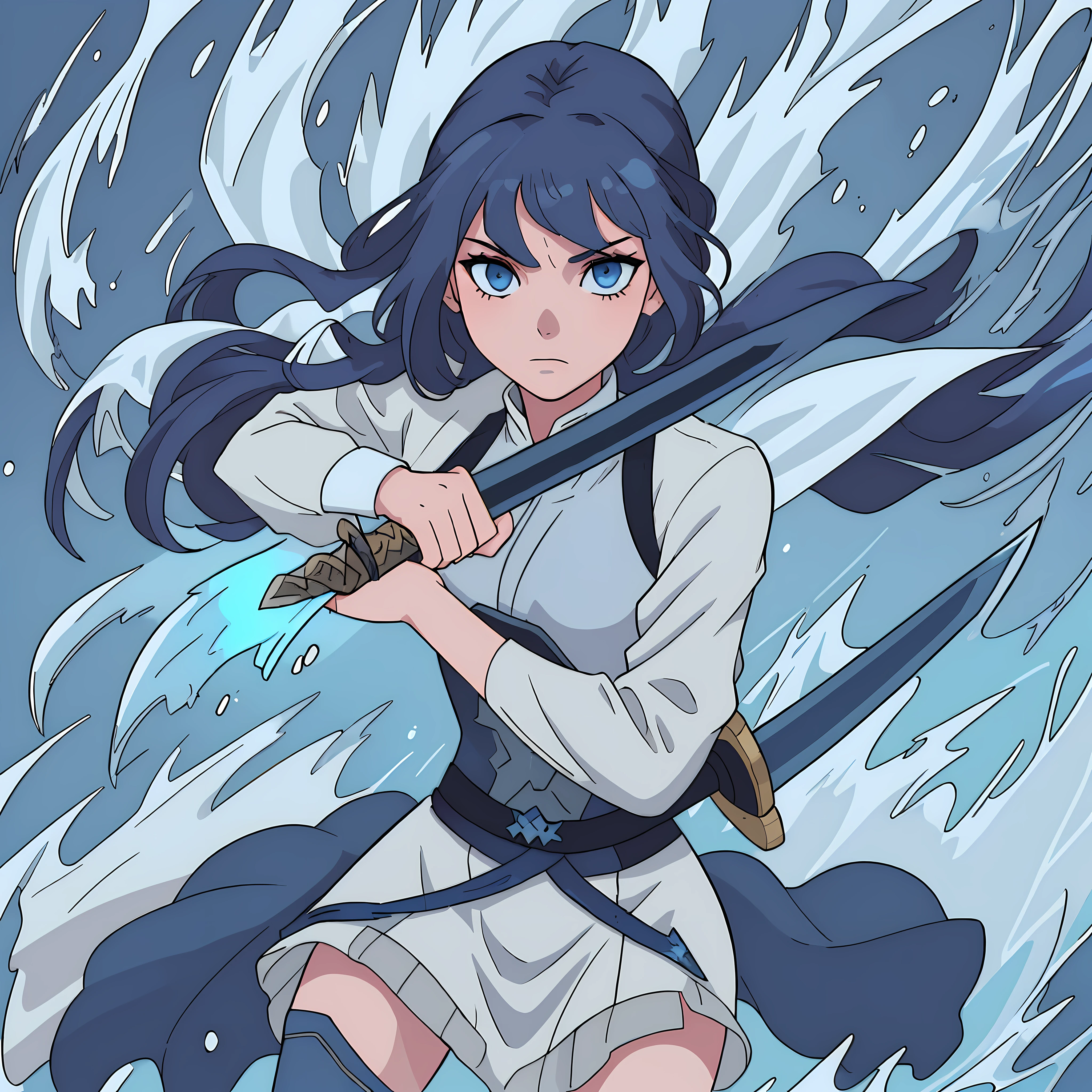 Woman with a sword, with a war background, on fire, dark blue hair, water effects around her, her sword is made of water, she has white clothes with blue details