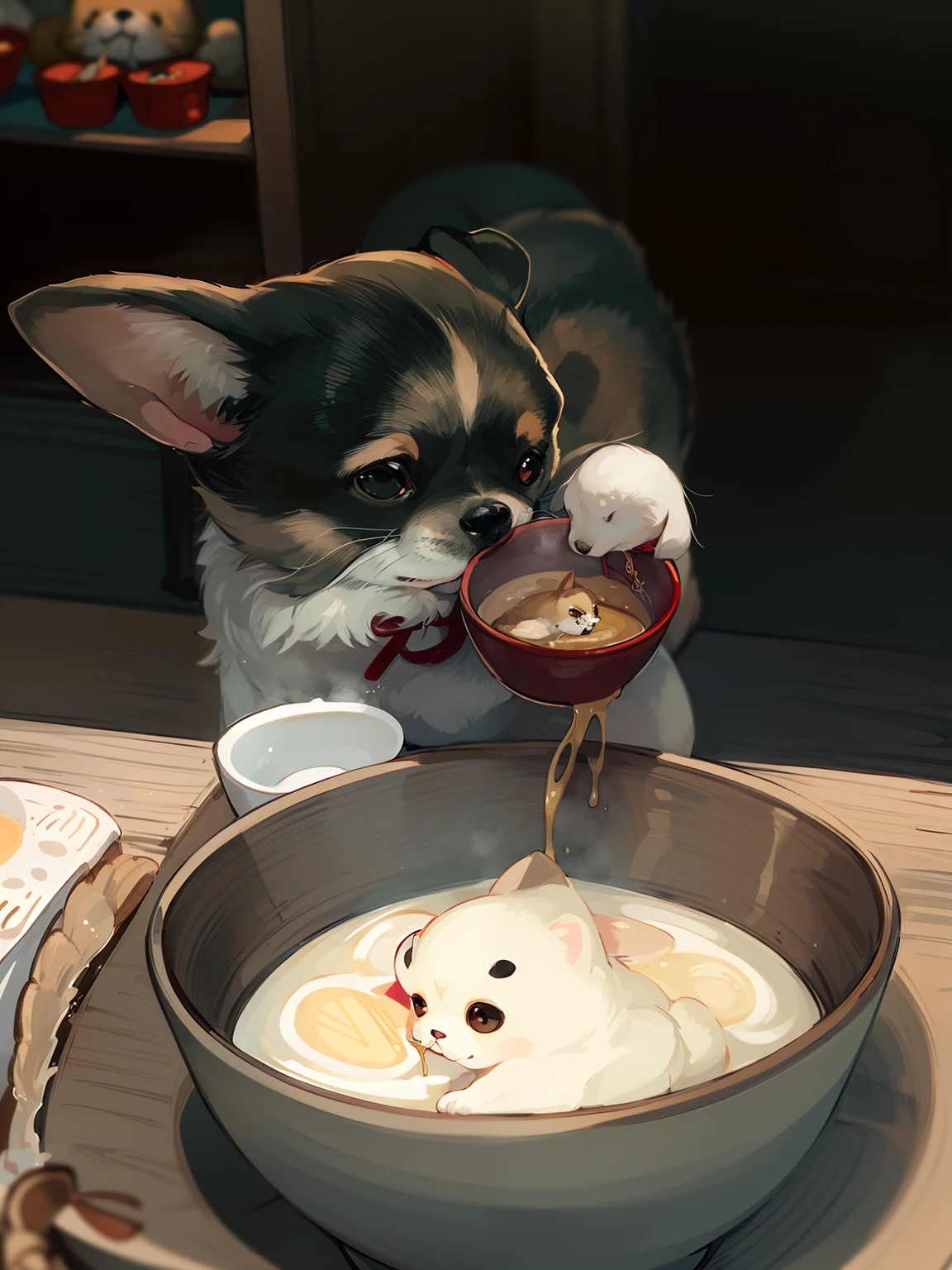 There is a small Chihuahua dog sitting in front of a bowl of milk, soey milk, ginko showing a new mushi, closeup at the food, taken with sony alpha 9, Eating ramen, けもの, sougetsu, shrine maiden, puddle of milk, having a snack, anthropomorphic dog eating, Soup, Chihuahua puppy