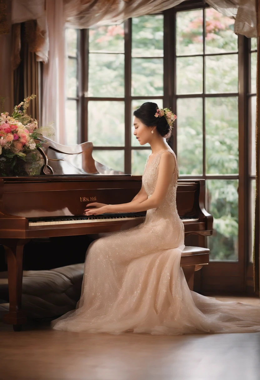A handsome Thai man in a dark grey suit is playing the piano in the middle of the room. A short-haired young woman in a light pink strapless evening gown is standing next to him singing happily. The light in the room is in a warm white tone, romantic and beautiful. The picture and light are as beautiful as a scene in a romantic movie