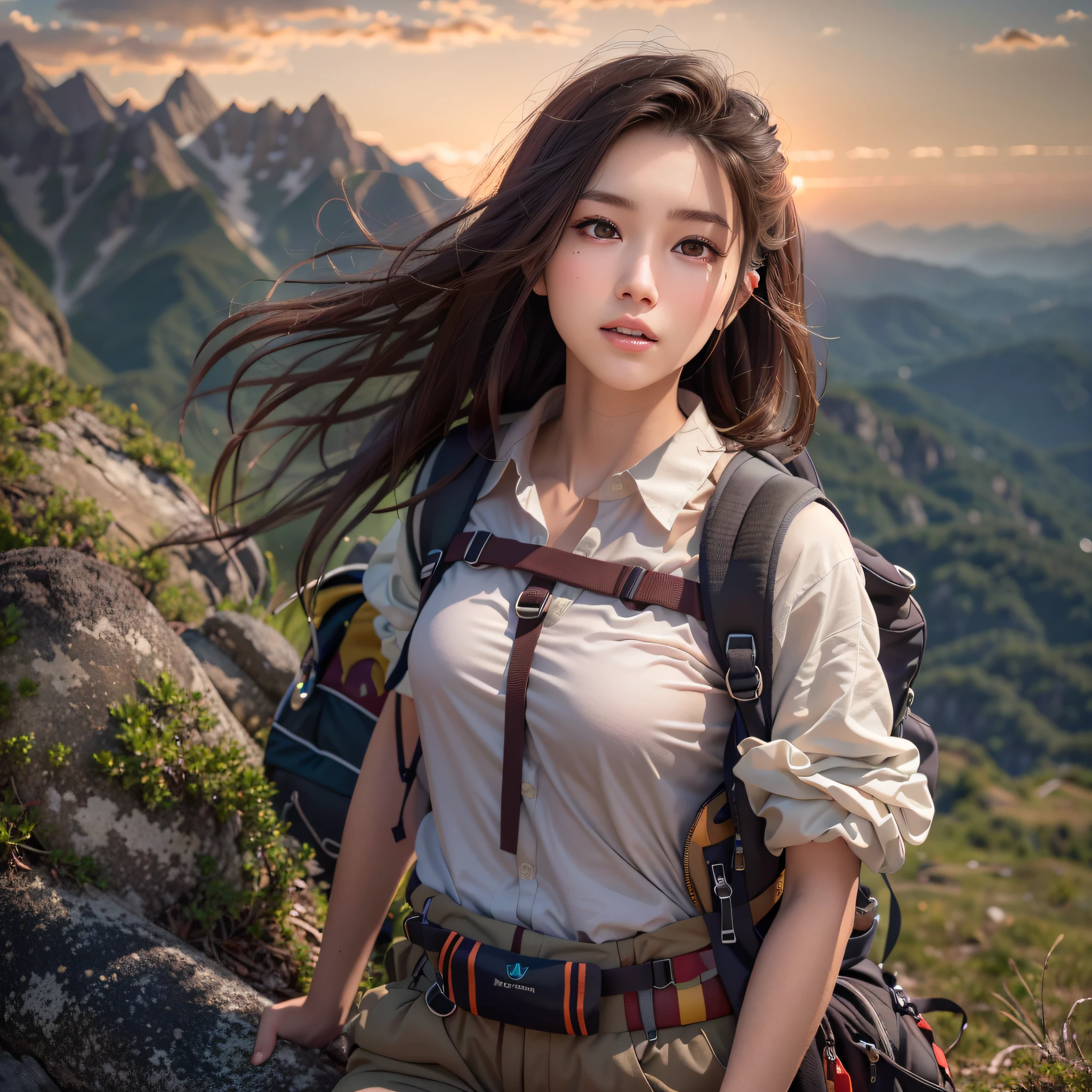 (Naturescape photography), (best quality), masterpiece:1.2, ultra high res, photorealistic:1.4, RAW photo, (Magnificent mountain, sea of clouds), (On a very high mountain peak), (sunset), (wideangle shot), (Show cleavage:0.8),
(1girl), (Photo from the knee up:1.3), (18 years old), (smile:0.9), (shiny skin), (semi-long hair, dark brown hair),
(loose white shirt, Trekking shorts), (Carrying a large backpack),
(ultra detailed face), (ultra Beautiful fece), (ultra detailed eyes), (ultra detailed nose), (ultra detailed mouth), (ultra detailed arms), (ultra detailed body), pan focus, looking at the audience