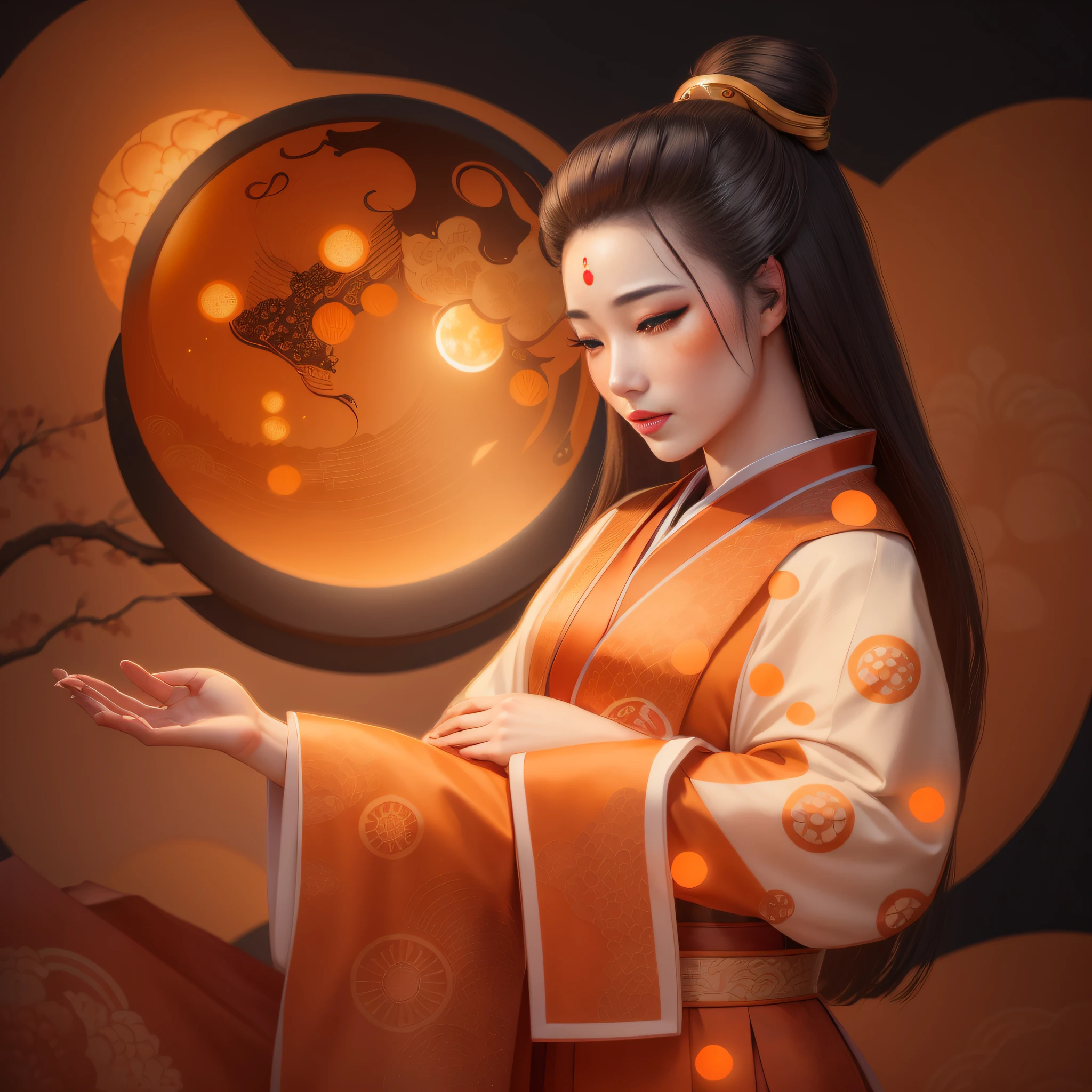 ((hyperrealistic, photorealistic, 8k, intricate details)) A beautiful arafed woman, wearing a kimono dress, with an orange moon in the background in an orange night sky, Japanese art style, a beautiful art illustration, Japanese Goddess, Goddess ancient Chinese, Moon Goddess, stylized digital illustration, Ancient Chinese princess, lunar goddess, beautiful avatar photos, a beautiful kitsune woman, Amaterasu, inspired by Lü Ji, Chinese woman, Japanese style painting.