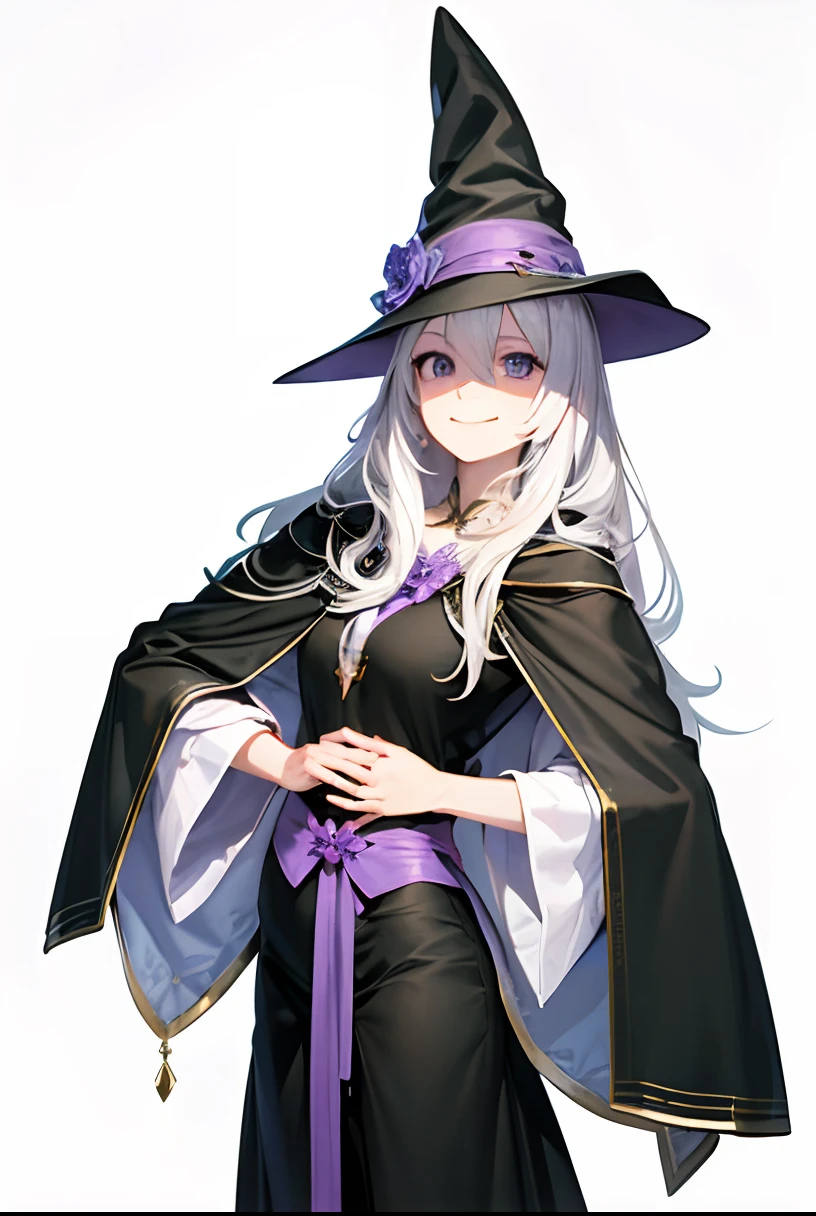 Masterpiece, hd, 2d, anime, 1girl, witch hat, witch robe, longhair, white hair, purple eyes, smile
