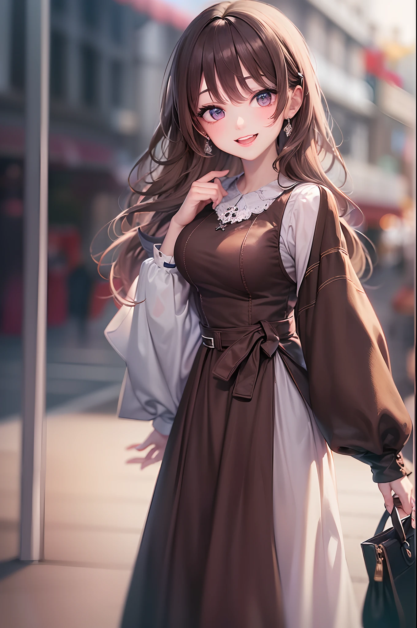 ((Best quality, 8k, Masterpiece :1.3)), 1girl, smiling, full body, slim face, Pretty woman, (Dark brown hair), full length dress :1.1, Ultra-detailed face, Detailed eyes, Double eyelid, blur background, slim face, city, outside, street, --auto --s2