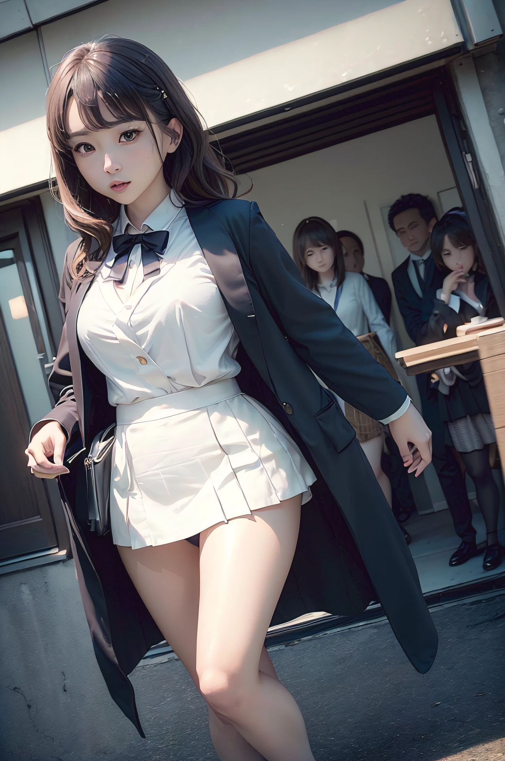 À la Fed image of a woman in a short skirt and a man in a suit, uhd candid photo of dirty, tsubasa nakai's style, 奈良美智, a miniskirt, Sana Takeda, kiko mizuhara, yoshitomo nara and aya takano, Ayami Kojima Amano, ((Realistic lighting、top-quality、8K、masterpiece:1.3))、focus:1.2、1girl in、Perfect figure:1.4、Slim abs:1.1、((dark brown hair))、(robe blanche:1.4)、(outside of house、natta:1.1)、the city street、Super fine face、Narrow-eyed、二重まぶた、
