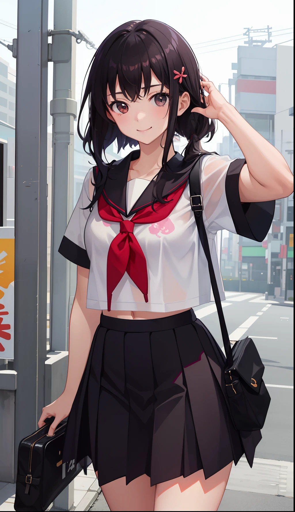 1girl in、A smile、The shirt、skirt by the、(small tits)Chilarism、Japan High School Student Uniform、serafuku、summer clothing、Squall Drenched Uniform、(Sheer Bra)、Upper body portrait、