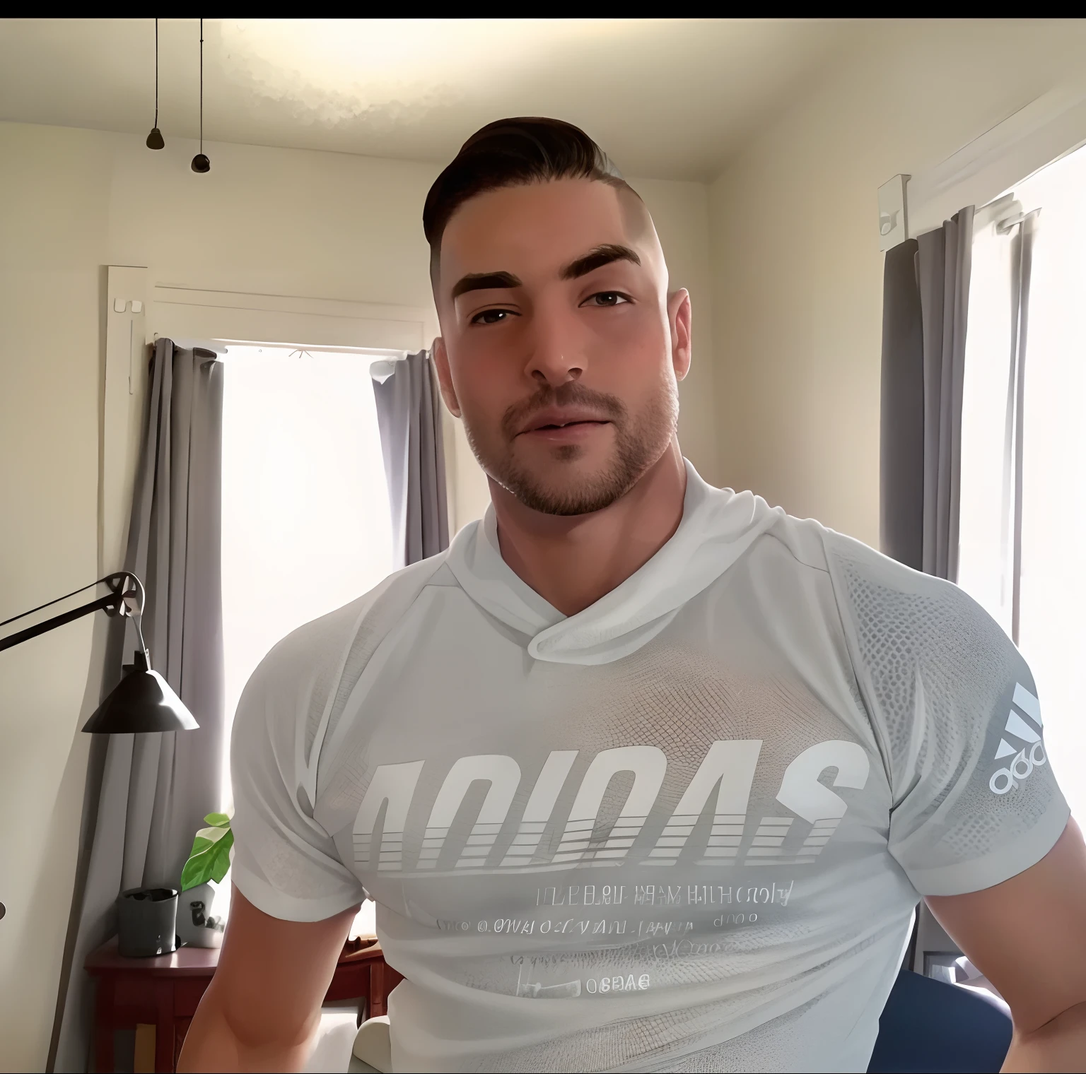 homem arafed sentado em uma cadeira com um peludo peludo peludo peludo pel, Gigachade Muscular, Rasgado, Roupa aberta v peito, peito grande, meio tiro de um hunky, showing off biceps, Desfiado, sexy musculosa parte superior do corpo, peito muscular, super buff e cool