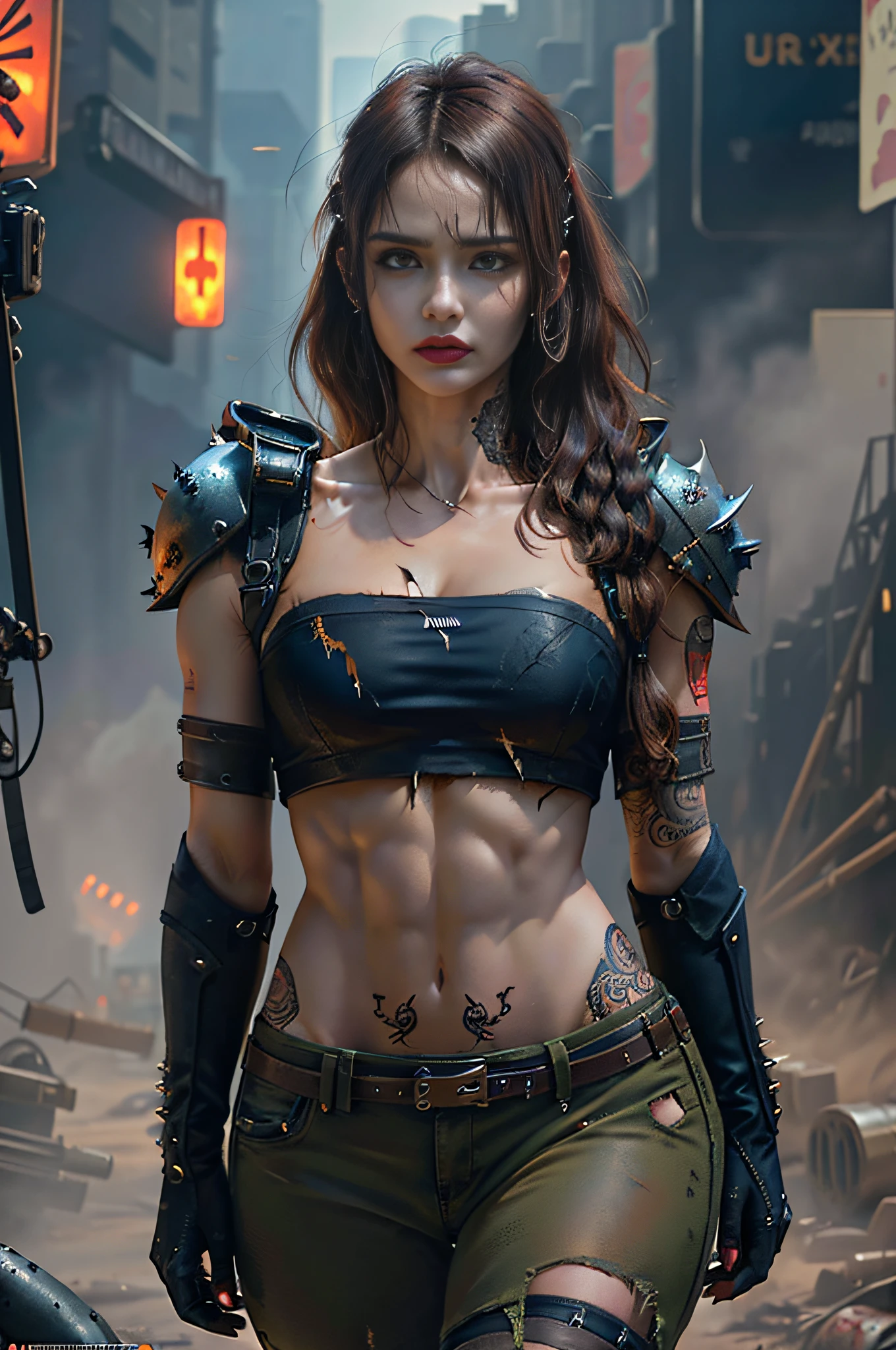 ((Tatuagens)), (((Rosto europeu, Large jaw line ))), Woman walking with determination, Torn torn torn post-apocalyptic military uniform, jaqueta de combate com buracos rasgados, combat pants with torn holes, (uso de armas e explosivos), (((seios extravagantes))),((seios enormes)),((macromastia)) maquiagem pesada e intensa, cabelo preto ((abdominais fisiculturistas)), Futuristic sci-fi post-apocalyptic world, belas criaturas malignas femininas, Madmax Filme ,Brutal Violent Dark Cyberpunk Dramatic Background, (((Unreal Cinematic Photorealistic Engine)))