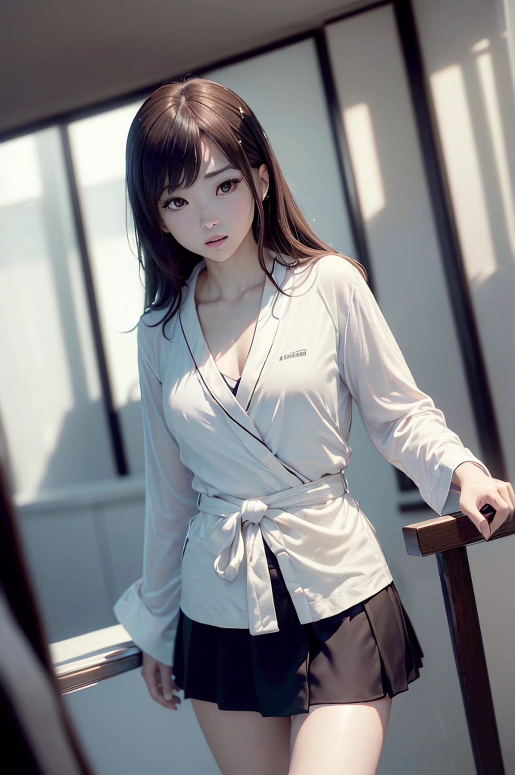 À la Fed image of a woman in a short skirt and a man in a suit, uhd candid photo of dirty, tsubasa nakai's style, 奈良美智, a miniskirt, Sana Takeda, kiko mizuhara, yoshitomo nara and aya takano, Ayami Kojima Amano, ((Realistic lighting、top-quality、8K、masterpiece:1.3))、focus:1.2、1girl in、Perfect figure:1.4、Slim abs:1.1、((dark brown hair))、(robe blanche:1.4)、(outside of house、natta:1.1)、the city street、Super fine face、Narrow-eyed、二重まぶた、