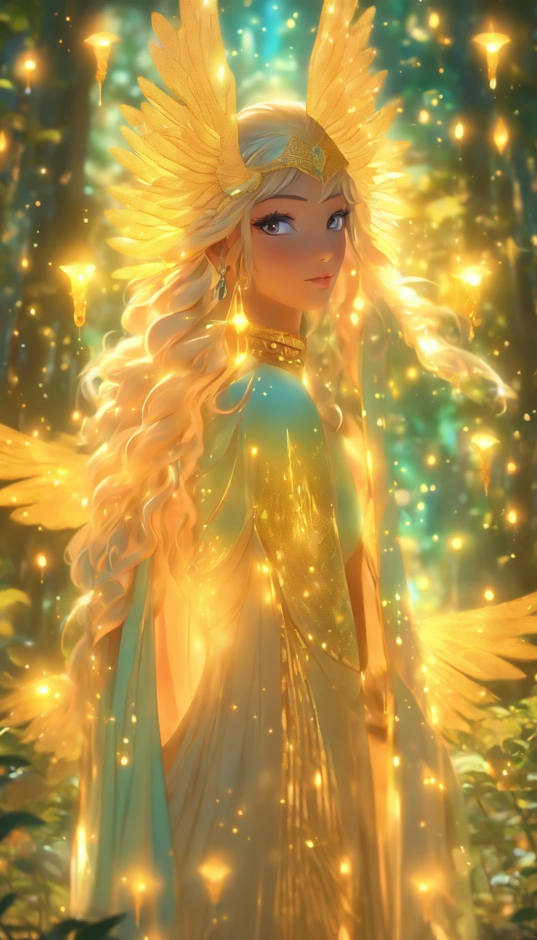masterpiece Guardian of the Enchanted Grovean isis goddess with iridescent, wing-like pauldrons, standing tall amidst an ethereal grove of towering, luminescent the forest floor covered in sparkling dewdrops, a mystical aura emanating from her presence, the air filled with a soft, golden glow, captured through a hyper-realistic digital painting with a focus on intricate details and a seamless blend of natural and magical elements, rendered using a combination of Blender and Photoshop.