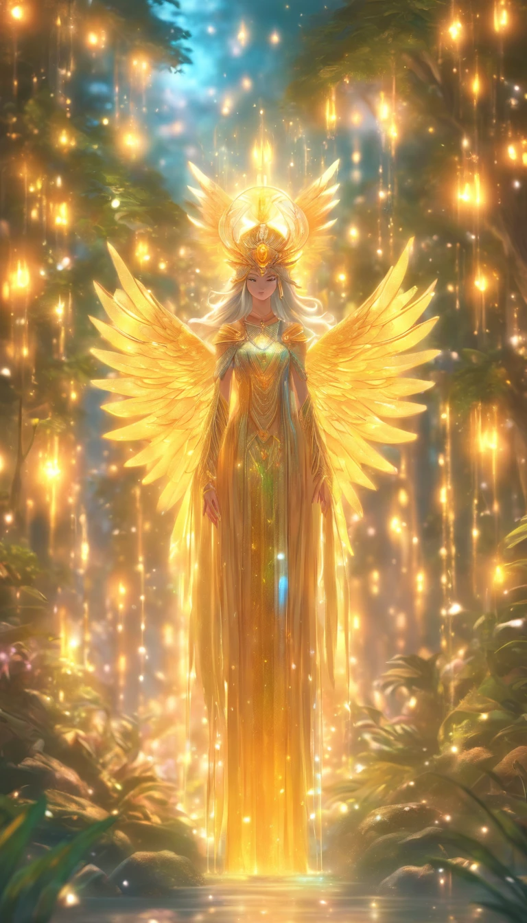 masterpiece Guardian of the Enchanted Grovean isis goddess with iridescent, wing-like pauldrons, standing tall amidst an ethereal grove of towering, luminescent the forest floor covered in sparkling dewdrops, a mystical aura emanating from her presence, the air filled with a soft, golden glow, captured through a hyper-realistic digital painting with a focus on intricate details and a seamless blend of natural and magical elements, rendered using a combination of Blender and Photoshop.