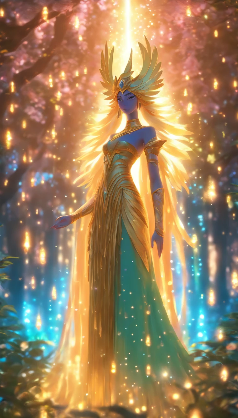 masterpiece Guardian of the Enchanted Grovean  isis goddess with iridescent, wing-like pauldrons, standing tall amidst an ethereal grove of towering, luminescent  the forest floor covered in sparkling dewdrops, a mystical aura emanating from her presence, the air filled with a soft, golden glow, captured through a hyper-realistic digital painting with a focus on intricate details and a seamless blend of natural and magical elements, rendered using a combination of Blender and Photoshop.