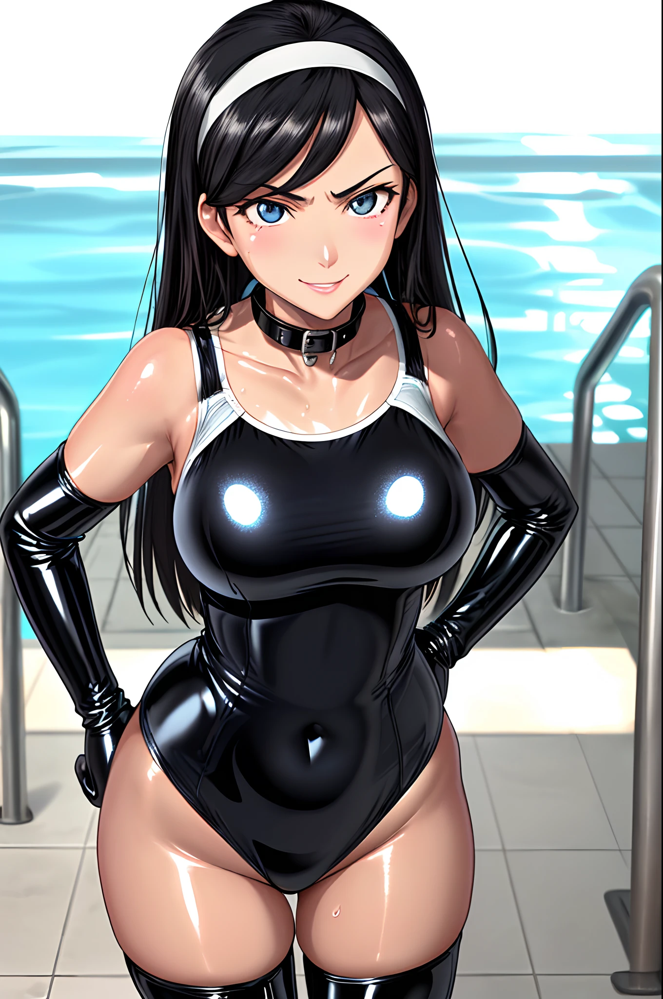 (pov),  kumashiro maya, (white hairband),  (beautiful detailed eyes), large breasts, 
standing, hand on hip, upper body, 
outdoors, poolside, summer, solo, 
(shiny:1.2), (collar), (black latex school swimsuit:1.3), (black latex elbow gloves:1.1), (black latex thigh boots:1.2), 
angry, smile, happy, 
(oily skin:1.3), (shiny hair:1.3), (shiny skin:1.3),