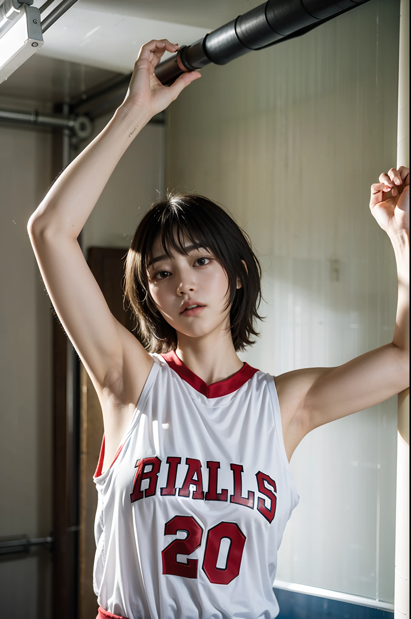 Manga Haruko Akagi,Lie flat on the indoor basketball court,Wear a white and red NBA Bulls basketball shirt,(8K,best qualtiy,tmasterpiece:1.2),(realisticlying,realisticlying:1.37),ultra - detailed,best qualtiy,超高分辨率,profesional lighting,photon maping,Radio City,physically-based renderingt,cinmatic lighting,basketball playground,depth of fields,Clear focus,rays of sunshine,well-composed,(Bokeh:1.2) 1girl,Solo,(full bodyesbian),(Keep your mouth shut),美丽细致的眼睛,lewd poses,a narrow waist,basketball suit,brunette color hair,messy hair,Short,(Ulzzang-6500:1.2) mix4, hiqcgbody, arms up, sleeveless, armpit, tight shirt