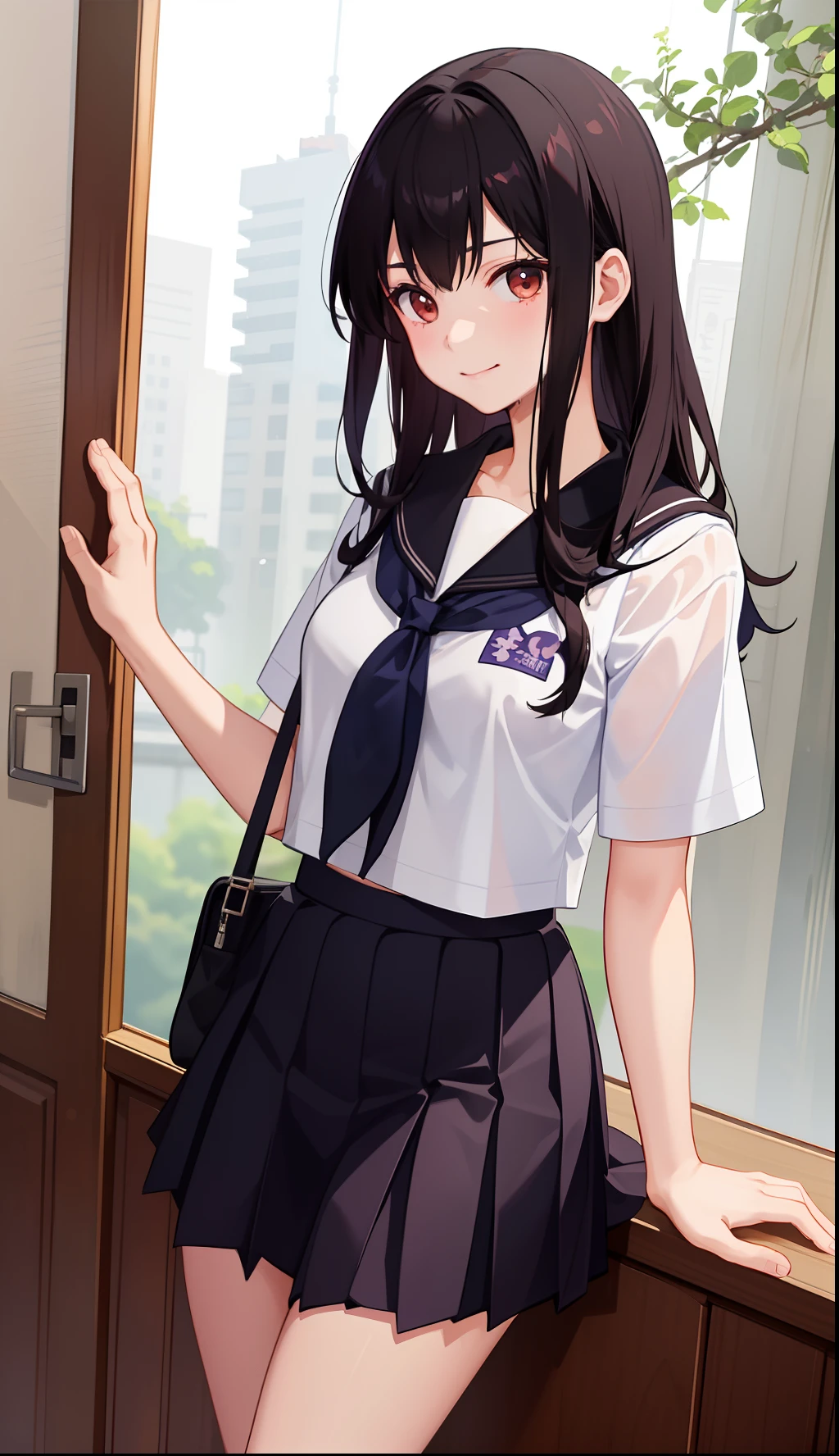 1girl in、A smile、The shirt、skirt by the、（small tits）Chilarism、Japan High School Student Uniform、serafuku、summer clothing、Squall Drenched Uniform、（Sheer Bra）、Upper body portrait、