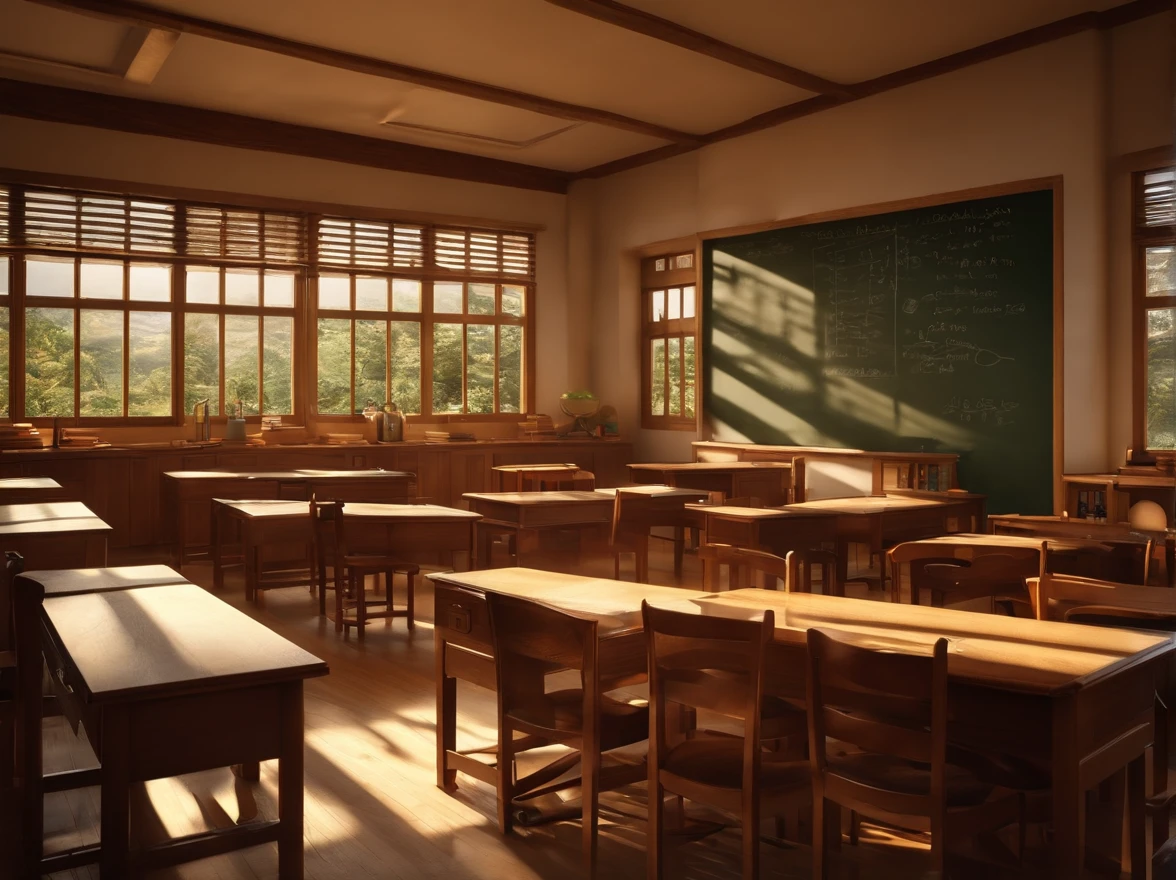 There are many tables and chairs in a classroom with a chalkboard ...