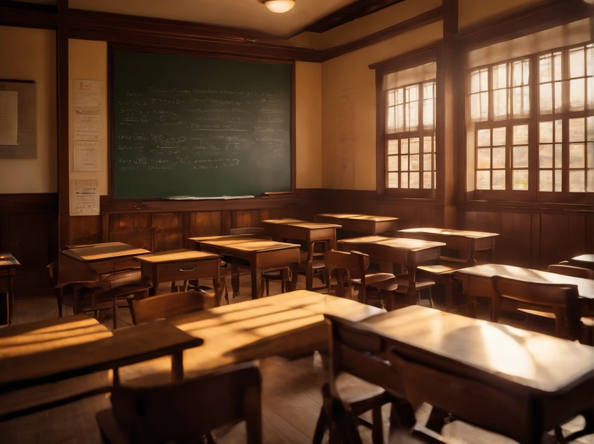 Immersive depiction of a classroom in Japan illuminated by majestic lighting, Capture in a photorealistic style. Lighting softly illuminates the room, Natural shine, Highlight the intricate details of a space. Scenes are meticulously rendered in high resolution, Showcase all aspects of the classroom, From the texture of a wooden desk to the reflection of a window. Wide-angle view captures the size of the room, Rows of neatly arranged desks, Chalkboard decorated with equations, And sunlight coming in through the open window. Attention to detail creates a sense of authenticity, Photorealistic style、Bring scenes to life with a touch of realism. Camera shot, Utilization of wide-angle lenses, Corner of the classroom々Make it visible up to, Invite viewers to explore your environment