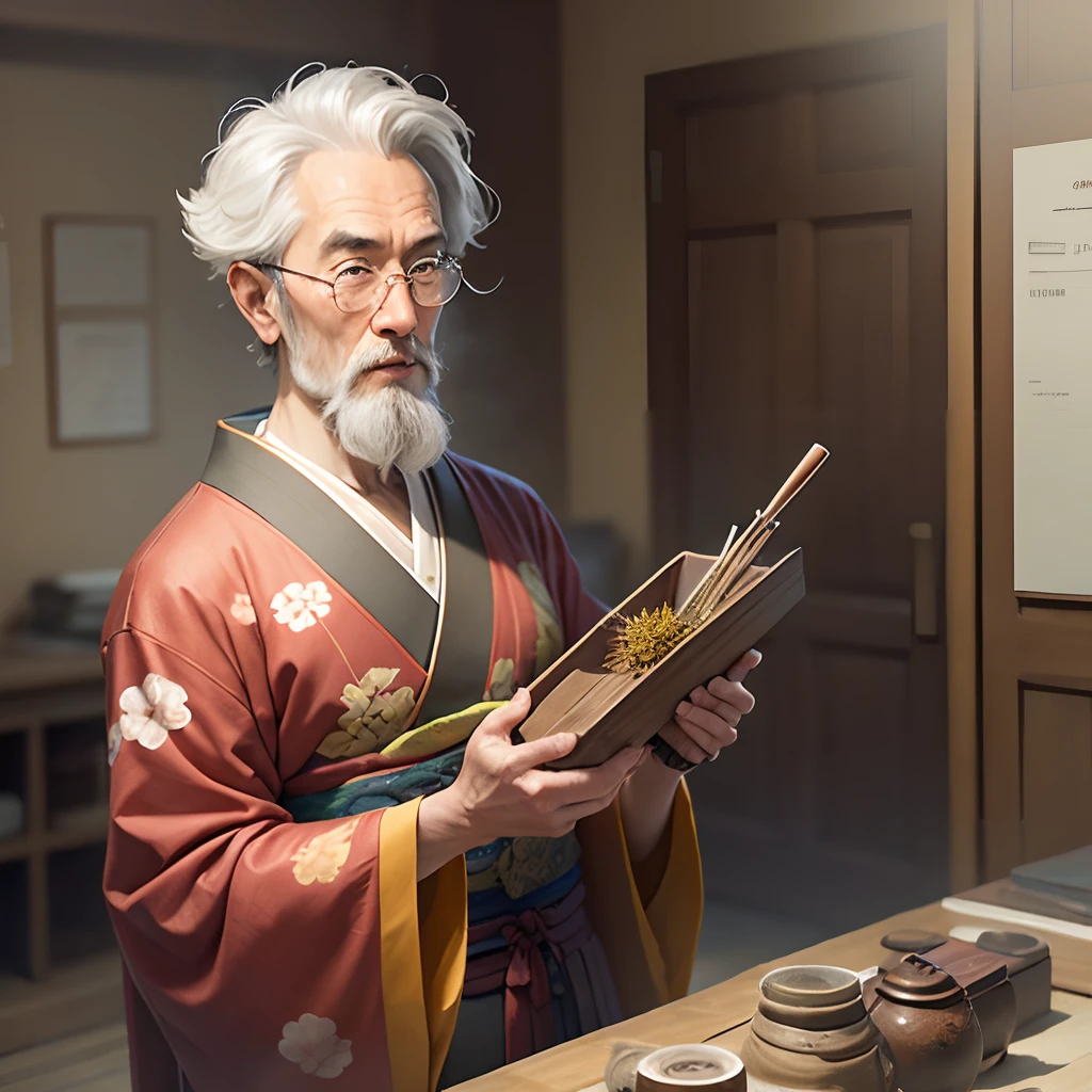 slightly blurred image. The man wore a traditional kimono with floral prints and held a wooden box with Chinese medicinal herbs. His face expressed wisdom and serenity, indicating his long experience as a physician. The medical tools and utensils around him suggested he was in his office, ready to treat patients with his skills in Chinese herbal medicine. Despite the poor lighting and image quality, it was evident that this man was a highly respected and revered professional in his community.