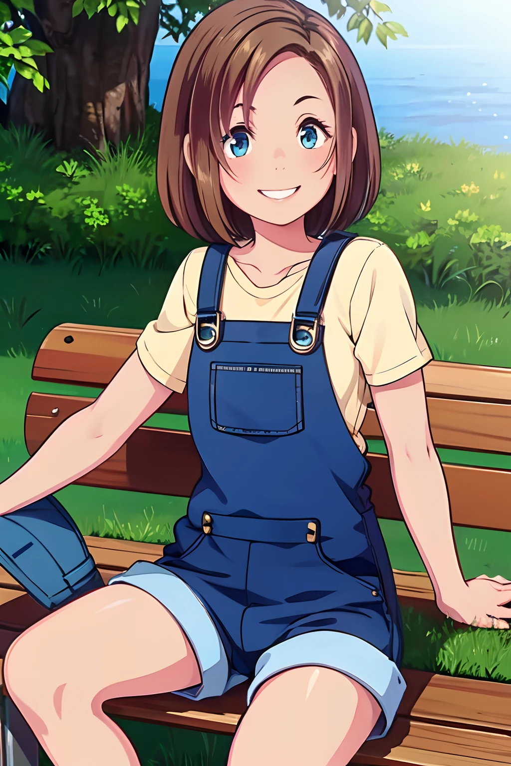 masterpiece, best quality,1girl, solo, CHIGUSA, short hair, brown hair, straight hair, blue overalls, evil smile, teeth mouth, sitting, outdoors, sitting on a bench,