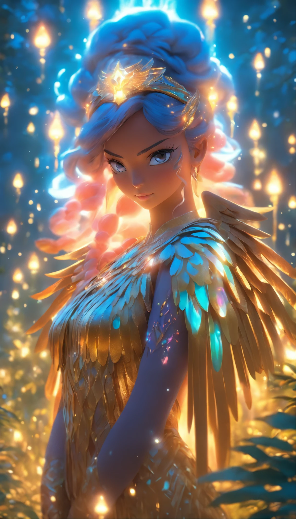 masterpiece Guardian of the Enchanted Grovean  isis goddess with iridescent, wing-like pauldrons, standing tall amidst an ethereal grove of towering, luminescent  the forest floor covered in sparkling dewdrops, a mystical aura emanating from her presence, the air filled with a soft, golden glow, captured through a hyper-realistic digital painting with a focus on intricate details and a seamless blend of natural and magical elements, rendered using a combination of Blender and Photoshop.