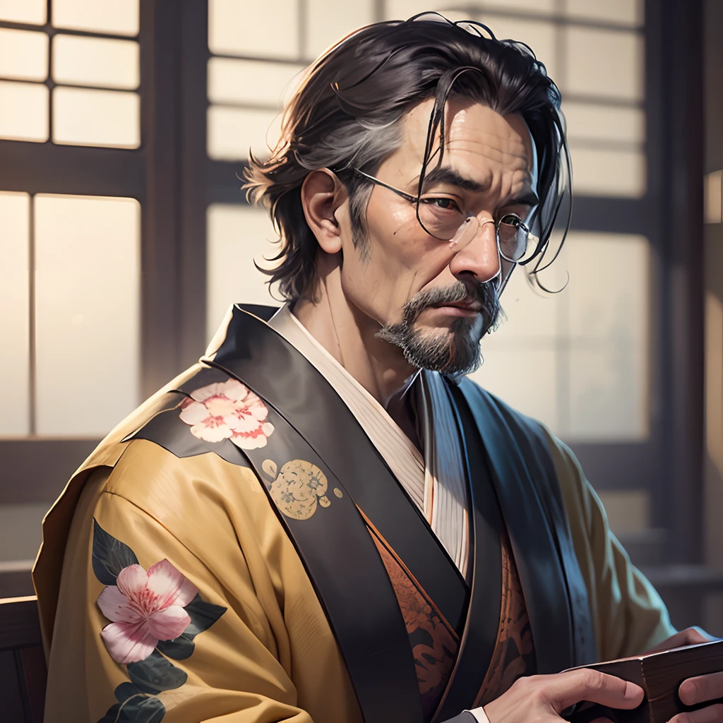slightly blurred image. The man wore a traditional kimono with floral prints and held a wooden box with Chinese medicinal herbs. His face expressed wisdom and serenity, indicating his long experience as a physician. The medical tools and utensils around him suggested he was in his office, ready to treat patients with his skills in Chinese herbal medicine. Despite the poor lighting and image quality, it was evident that this man was a highly respected and revered professional in his community.