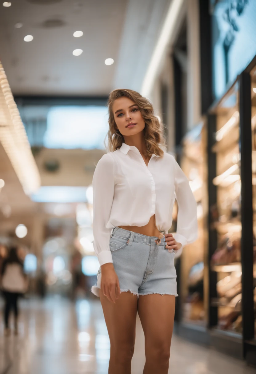 (Mikayla Demaiter) person posing in a mall clothing store, best quality, 1girl, blur backround, bokeh, (mall:1.4), ((wearing a white shirt)), gorgeous, , beautiful detailed sky, (dynamic pose:1), soft lighting, wind, ((portrait:1.4)),
