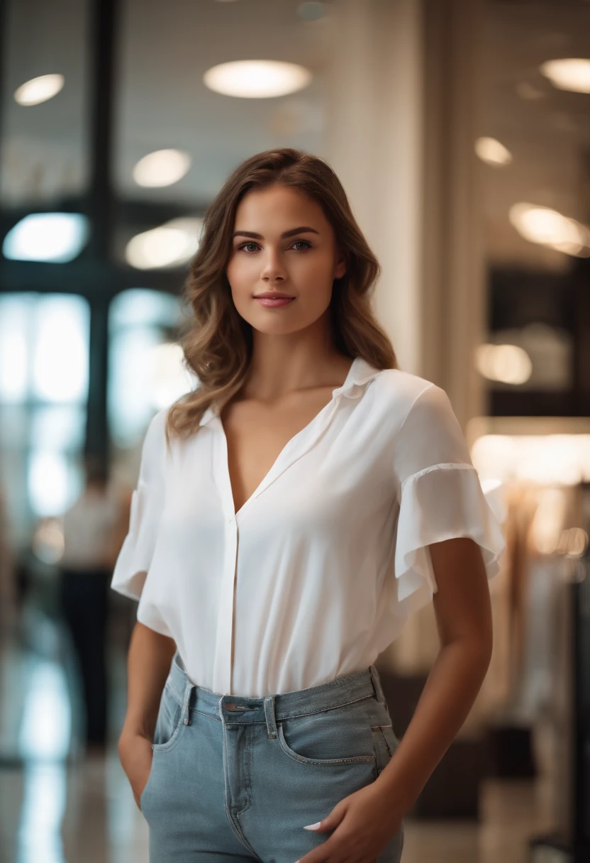 (Mikayla Demaiter) person posing in a mall clothing store, best quality, 1girl, blur backround, bokeh, (mall:1.4), ((wearing a white shirt)), gorgeous, , beautiful detailed sky, (dynamic pose:1), soft lighting, wind, ((portrait:1.4)),
