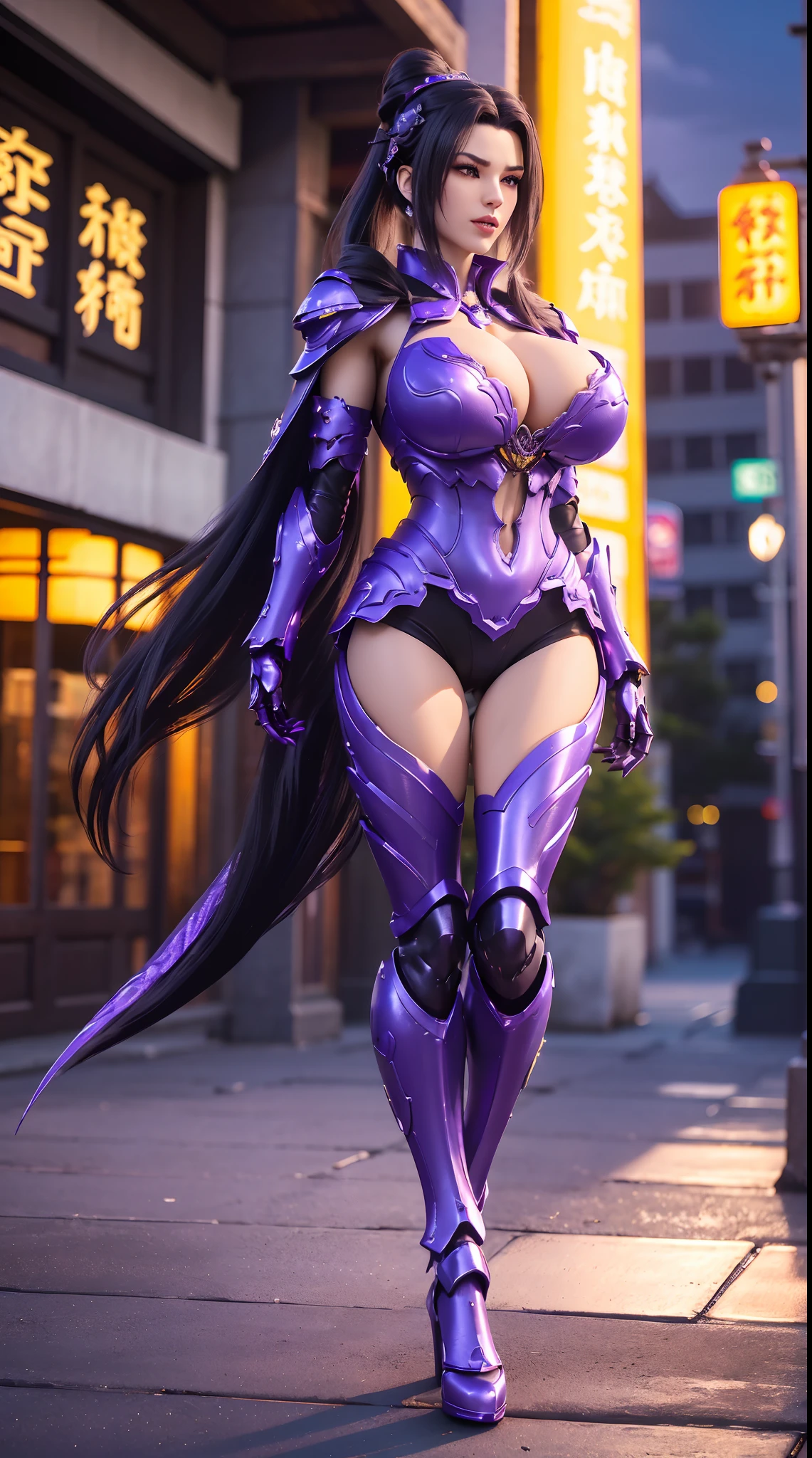 1GIRL, SOLO, (black ponytail hair, ornament hair), (HUGE FAKE BOOBS:1.3), (GUARD ARM, GLOVE), IMMORTAL, (black, purple, FUTURISTIC DRAGON MECHA ARMOR SUIT, ROYAL CAPE, CLEAVAGE, SKINTIGHT YOGA HOTPANTS, HIGH HEELS:1.5), (SEXY BODY, MUSCULAR ABS, SEXY LONG LEGS, FULL BODY:1.3), (FROM FRONT, LOOKING AT VIEWER:1), (WALKING DOWN ON STREET NIGHT CITY:1.3), PHYSICALLY-BASED RENDERING, ULTRA HIGHT DEFINITION, 8K, 1080P.