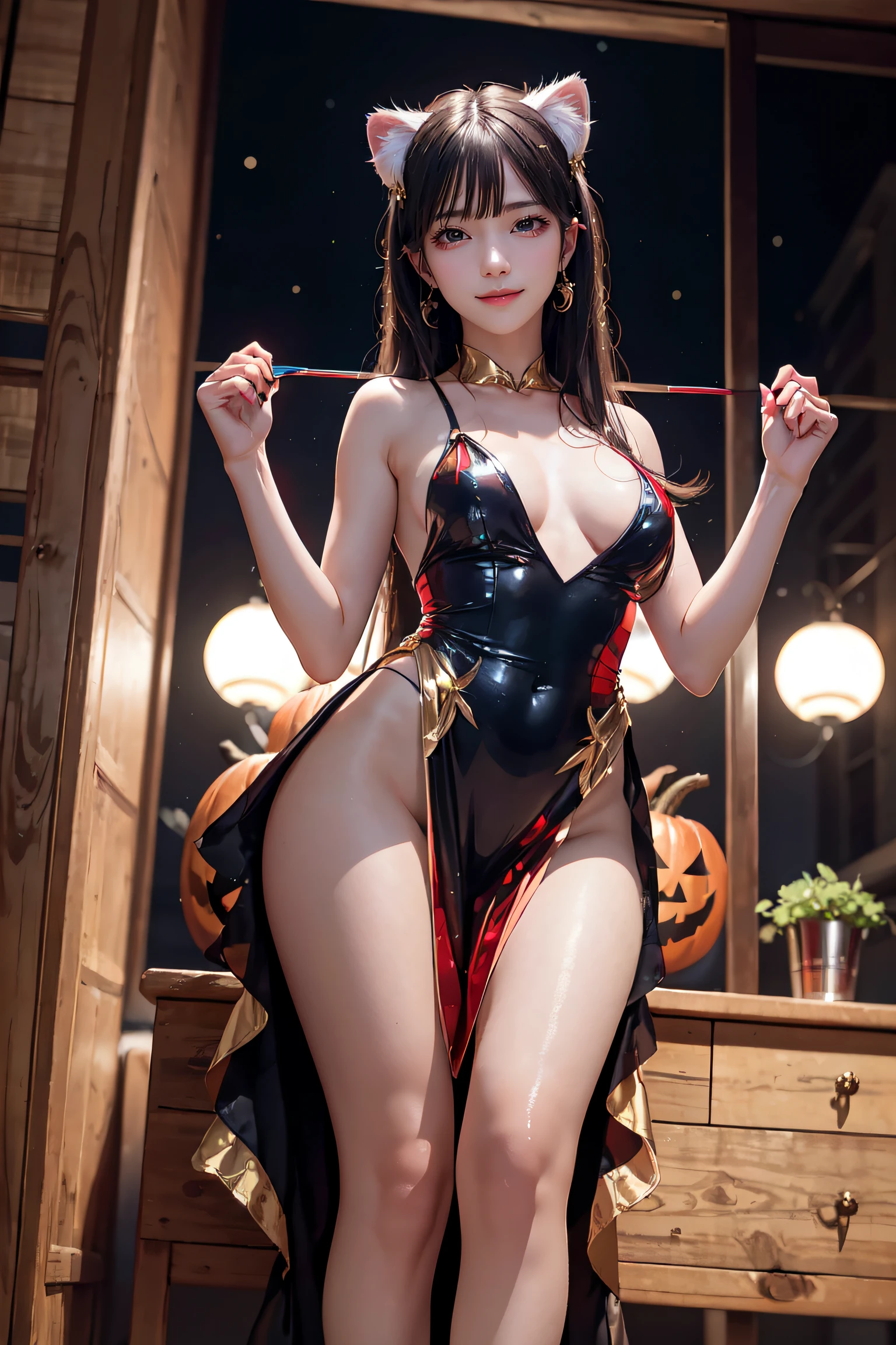 masterpiece, top-quality, top-quality, Beautifully Aesthetic:1.2, 1girl, Halloween night, ((Wearing a Blue with Silver and Gold classy cat costume)), high detailed, ((Red eyes:1.8)), (all fours with cat pose:1.1), large breasts, firm breast, nicely shaped breasts, slender figure, 
((Gray hair, Red colored inner hair)), wavy hair, (medium long hair:1.2), (asymmetrical bangs:1.2),
in the Halloween party venue at late night, (Full body shot:1.1), (From below:1.1),