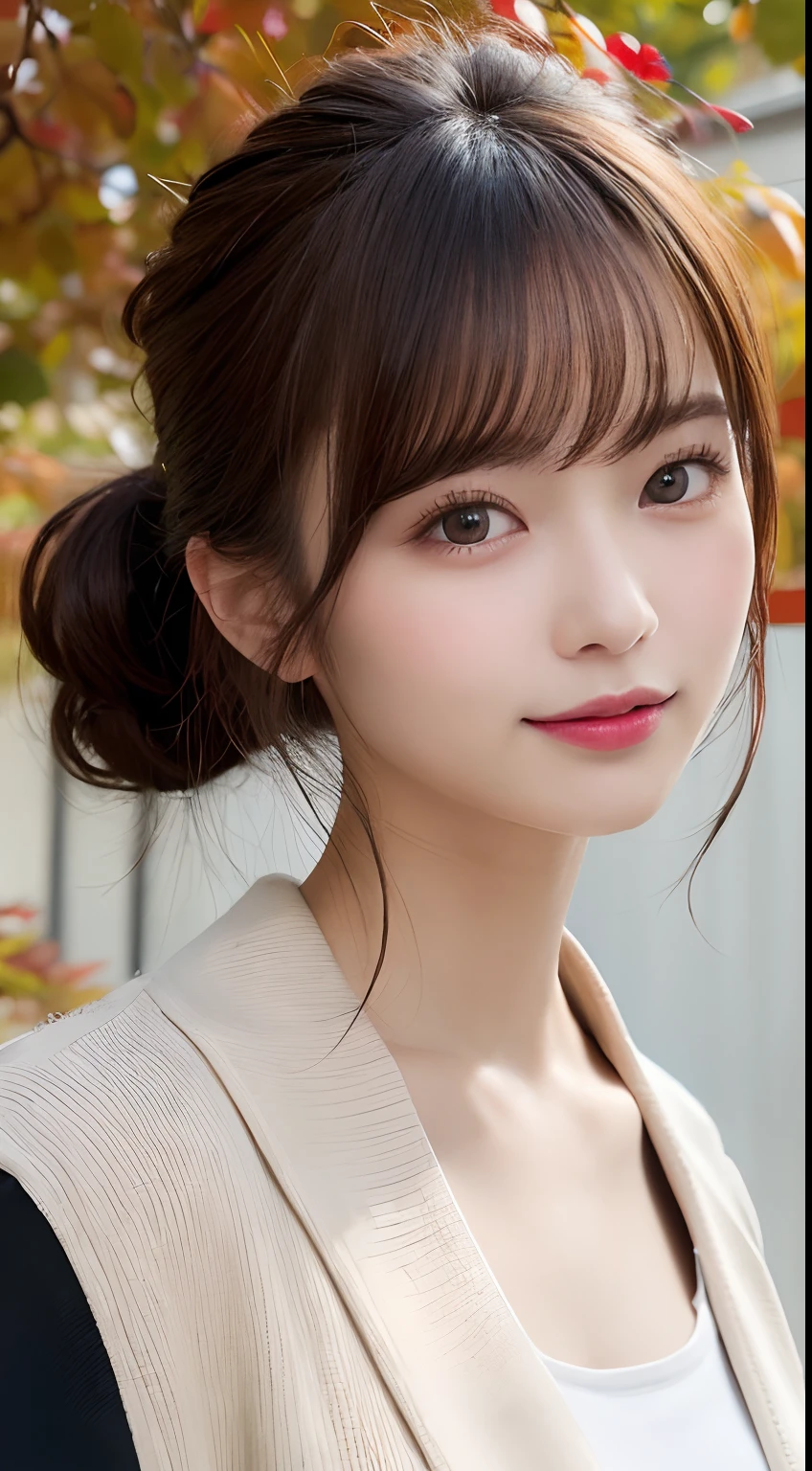 masutepiece, Best Quality, Illustration, Ultra-detailed, finely detail, hight resolution, 8K Wallpaper,japanes、 Perfect dynamic composition, Beautiful detailed eyes, Autumn Women's Fashion,Ponytail hair,small tits、Natural Color Lip, Bold sexy poses,Smile,Harajuku、20 years girl、Cute、Sexy shot looking at camera