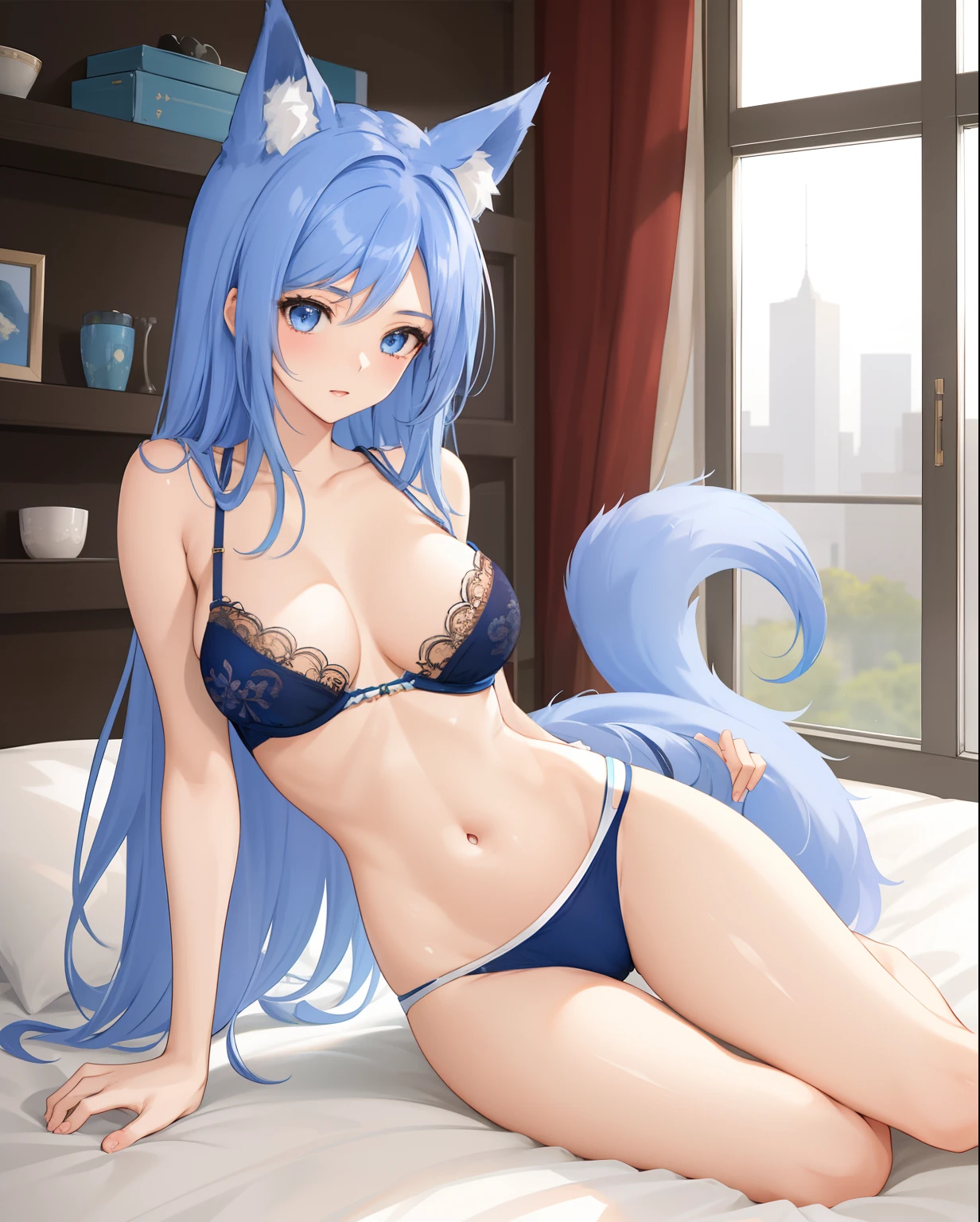 chaesu-minah, 1girl, solo, light blue lingerie, blue eyes, blue hair, 8k, high resolution, shallow depth of field, high detai, in the bedroom, thong, shelf bra, sexy, nsfw, masterpiece, best quality, highly detailed, fox girl, fox ears, fluffy blue fox tail,