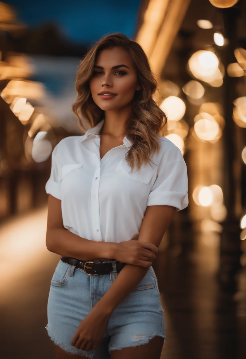 (Mikayla Demaiter) person posing in a club, best quality, 1girl, blur backround, bokeh, (mall:1.4), ((wearing a white shirt)), gorgeous, , beautiful detailed sky, (dynamic pose:1), soft lighting, wind, ((portrait:1.4)),