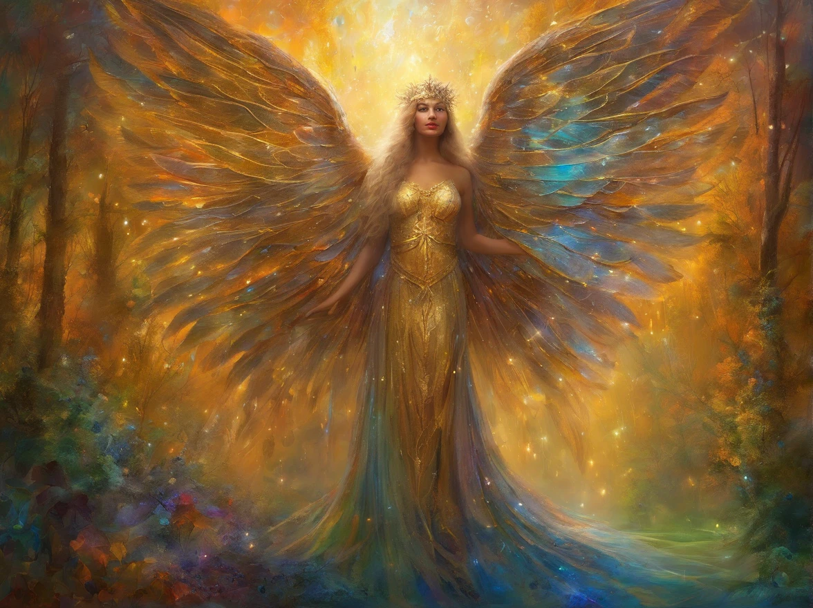 masterpiece Guardian of the Enchanted Grovean isis goddess with iridescent, wing-like pauldrons, standing tall amidst an ethereal grove of towering, luminescent the forest floor covered in sparkling dewdrops, a mystical aura emanating from her presence, the air filled with a soft, golden glow, captured through a hyper-realistic digital painting with a focus on intricate details and a seamless blend of natural and magical elements, rendered using a combination of Blender and Photoshop.