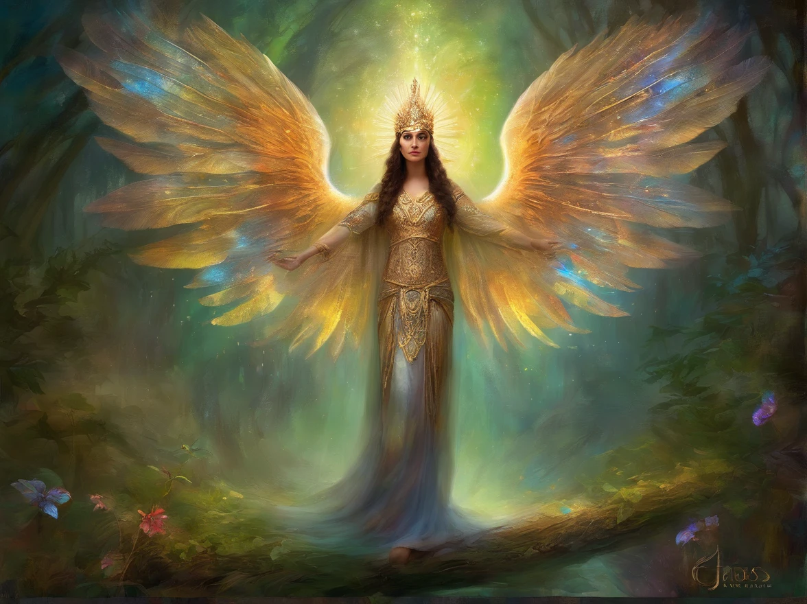 masterpiece Guardian of the Enchanted Grovean isis goddess with iridescent, wing-like pauldrons, standing tall amidst an ethereal grove of towering, luminescent the forest floor covered in sparkling dewdrops, a mystical aura emanating from her presence, the air filled with a soft, golden glow, captured through a hyper-realistic digital painting with a focus on intricate details and a seamless blend of natural and magical elements, rendered using a combination of Blender and Photoshop.