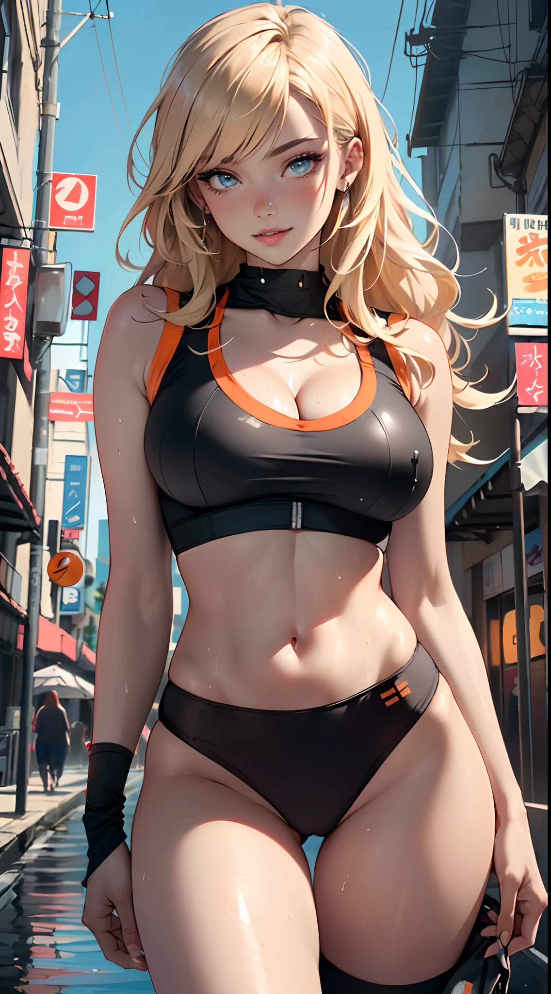 girl sporty,((attractive girl)),

(large breasts:1.4),saggy breasts,(((absurdly long unkept hair,blonde hair,very long hair,voluminous hair,Thick hair,Dense hair,long hair,colored inner hair))),((heterochromia:1.5, (orange_eye and blue_eye))),intricate eyes,beautiful detailed eyes,symmetrical eyes,((fat))(((lustrous skin:1.5,bright skin: 1.5,skin tanned,shiny skin,very shiny skin,shiny body,plastic glitter skin,exaggerated shiny skin,illuminated skin, wet legs))),(spider lower abdomen,narrow waist,wide hip,athletic body,inflated legs,detailed body,(detailed face)),

cute,slutty,seductive,erotic,(((nsfw))),

((tight sports bra, tight sports panties, orange and black clothes)),(((cleavage))),((wet clothes,intricate outfit,intricate clothes)),

(dynamic pose:1.0),coquette,smiling,(centered,scale to fit dimensions,Rule of thirds),

cyberpunk city by the ocean at night, with bright neon signs and dark stormy clouds and puddles, scenery:1.25,

artistic photography,(photography taken by sldr),highres, sharp focus, (ultra detailed, extremely detailed), (photorealistic artwork:1.37),(extremely detailed CG unity 8k wallpaper),((synthwave background theme)),(((vibrant colors))),(intricate background),(masterpiece),(best quality),