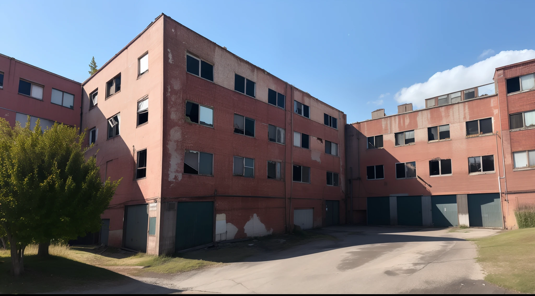 Create an old abandoned factory far from the city