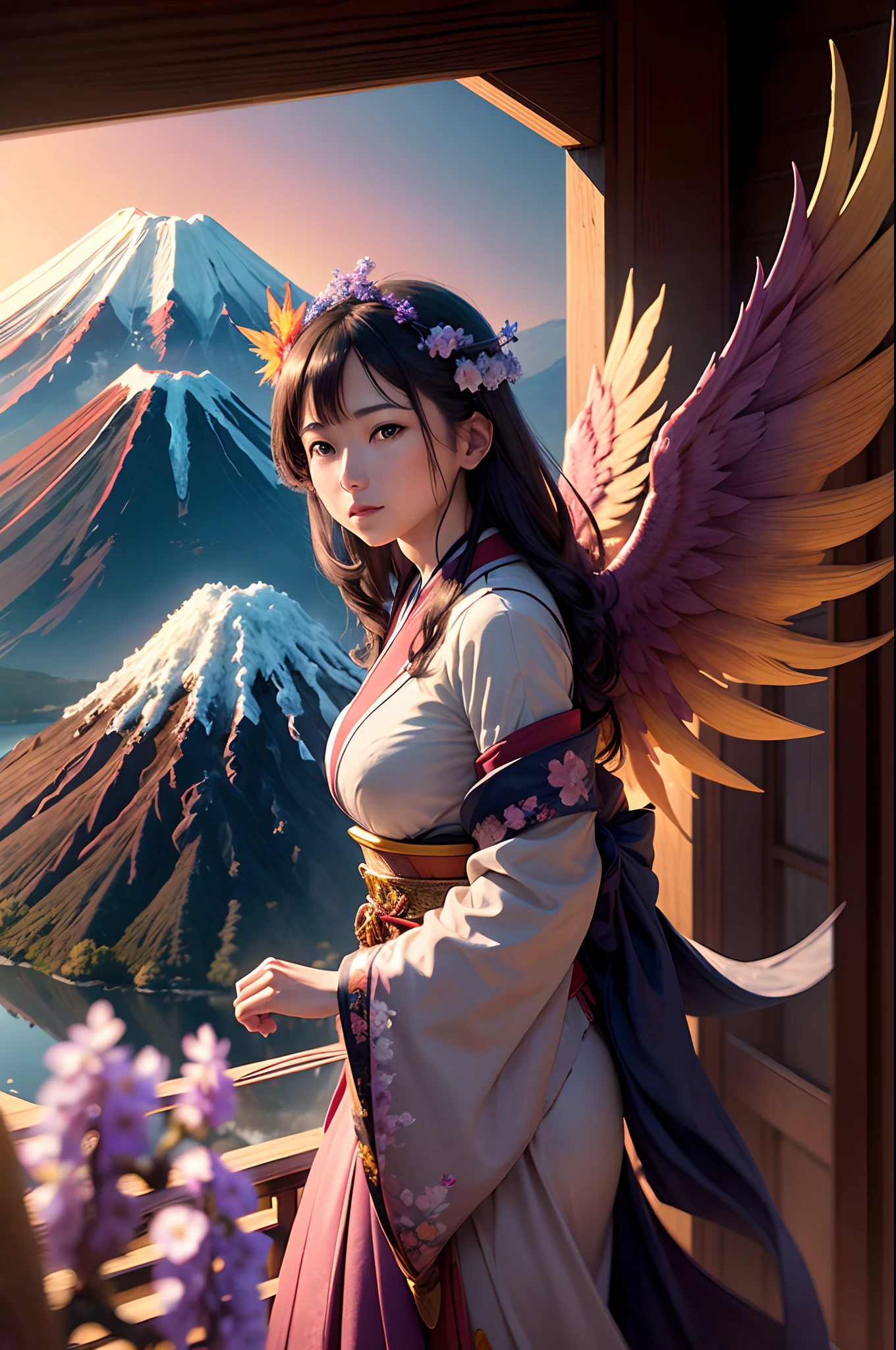 Masterpiece, top quality, super detailed, high resolution CG, 16K wallpaper, cinematic lights, official art, Japanese landscape, ((1 phoenix in flight)), ((Mt Fuji)), wisteria flowers, lake, Kiyomizu stage, pink moon, realistic masterpiece, exquisite detail, detailed background, depth of field, exquisite detail, Ando Hiroshige style, real lighting, (real perspective)