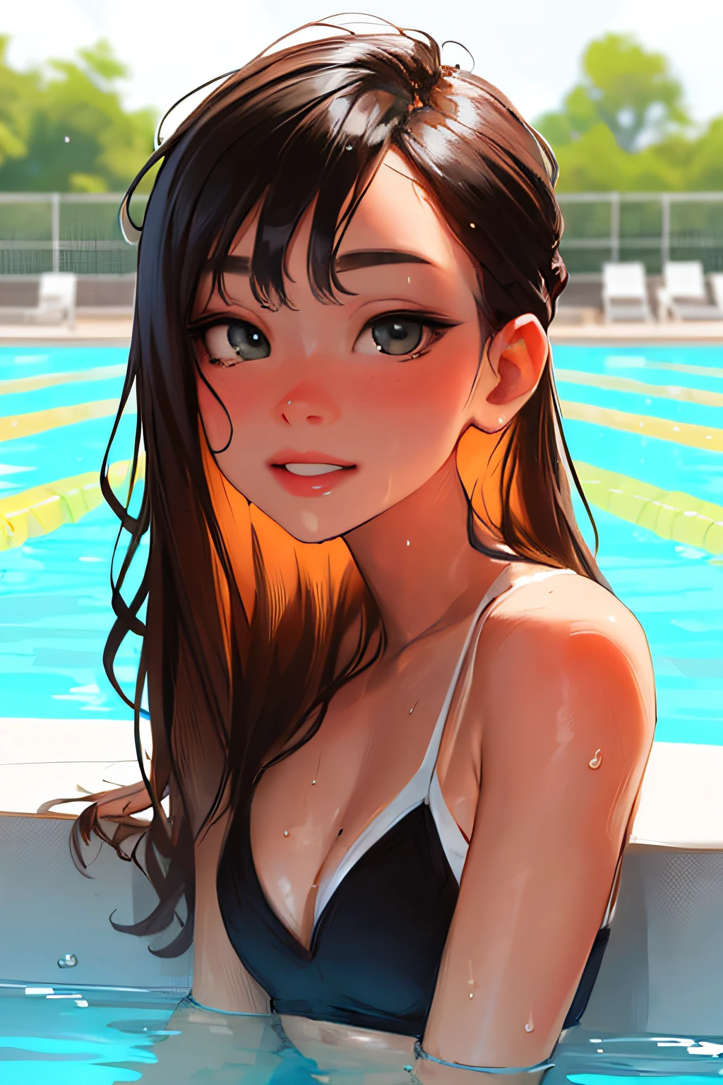 beautiful, lighting, masterpiece, best quality, 1girl, solo, sam yang, swimmer, bikini, stylish bikini, small breast, cleavage, tan line, portrait shot, looking at viewer, detailed face, detailed eyes, detailed hair, partially submerged, outdoor pool, wet skin, wet hair, high quality water, HD, 4k, ultra setting