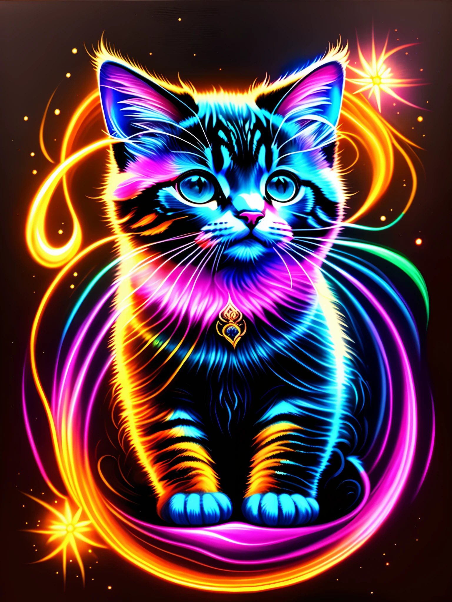 a painting of colored umabaleia on a black background,, breathtaking rendering, within a radiant connection, inspired by Kinuko Y. Craft,, magical elements, kitten icon, wow, is beautiful, casting a multi colorful spell, bright flash, flash