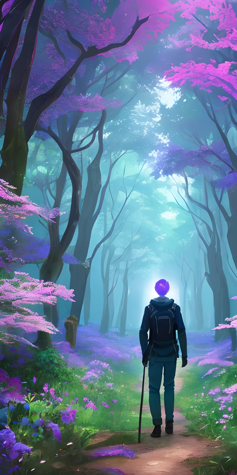 Imagine an otherworldly metaverse where users take their first steps towards a new digital adventure. In the foreground, an individual stands, holding a file, and wearing casual attire. Before them lies a shimmering, crystalline path that leads into a surreal forest illuminated by bioluminescent plants. The trees in the background appear to reach towards the stars, which cast a soft purple glow on the scene. The image conveys a sense of transition, inspiring users to register and enter a world where their journey will be as enchanting as it is transformative. --auto --s2