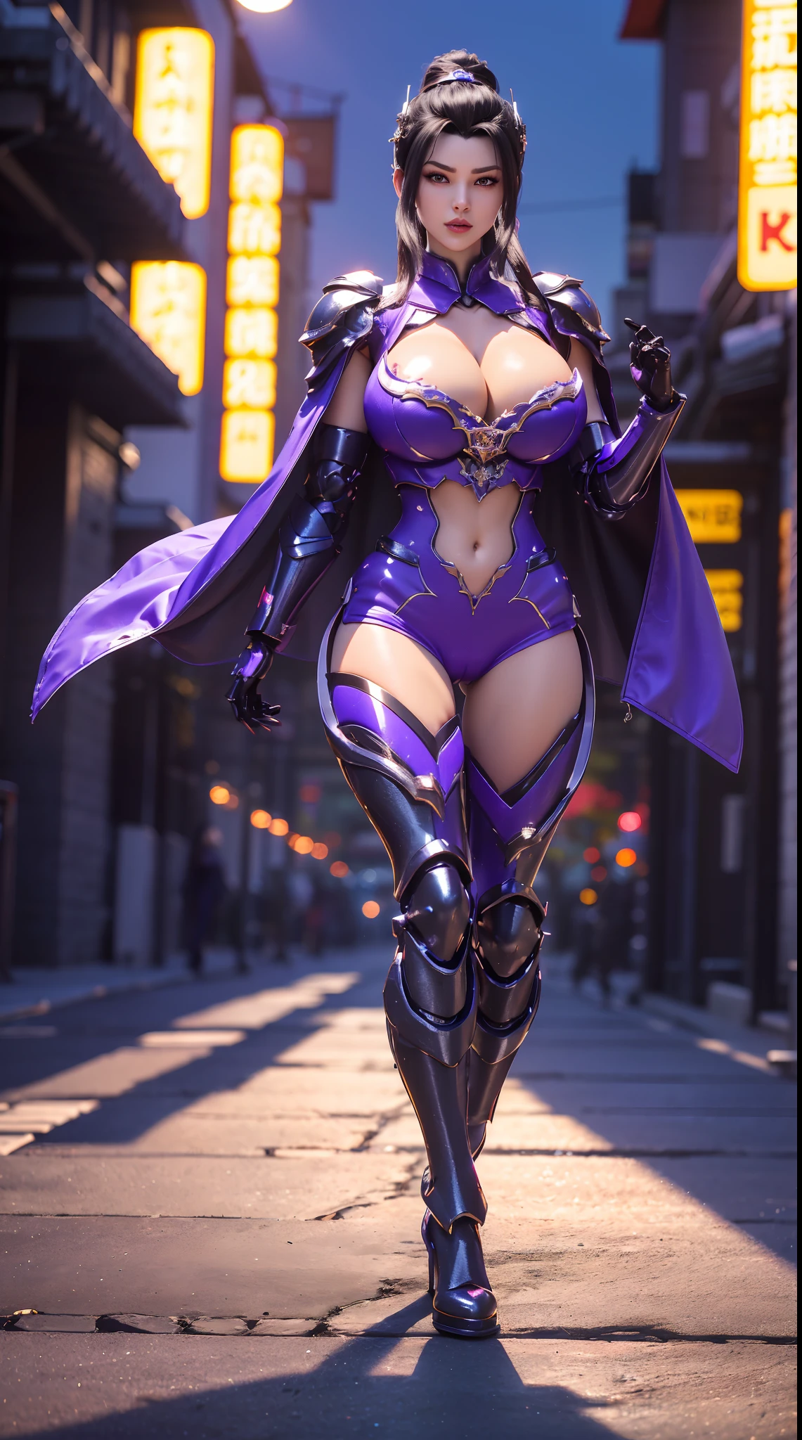 1GIRL, SOLO, (black ponytail hair, ornament hair), (HUGE FAKE BOOBS:1.3), (GUARD ARM, GLOVE), IMMORTAL, (black, purple, FUTURISTIC DRAGON MECHA ARMOR SUIT, ROYAL CAPE, CLEAVAGE, SKINTIGHT YOGA HOTPANTS, HIGH HEELS:1.5), (SEXY BODY, MUSCULAR ABS, SEXY LONG LEGS, FULL BODY:1.3), (FROM FRONT, LOOKING AT VIEWER:1), (WALKING DOWN ON STREET NIGHT CITY:1.3), PHYSICALLY-BASED RENDERING, ULTRA HIGHT DEFINITION, 8K, 1080P.
