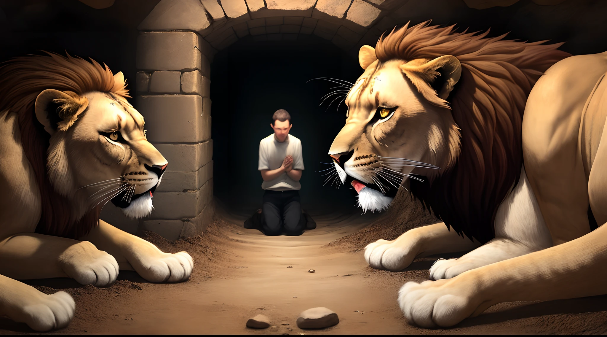 Daniel praying to God inside the pit with hungry lions