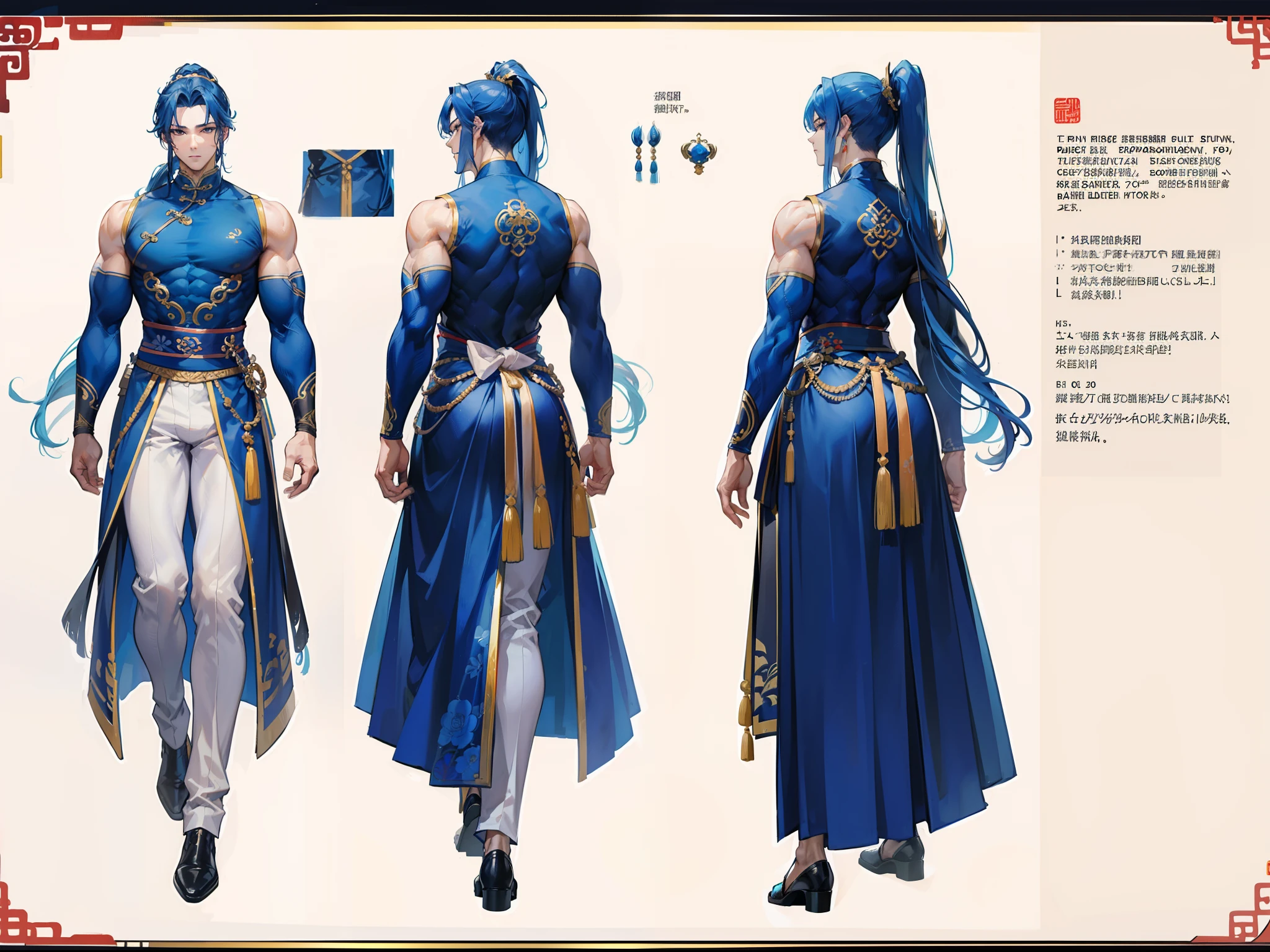 ((Masterpiece, Highest quality)), Detailed face, character design sheet， full bodyesbian, Full of details, frontal body view, back body view, Highly detailed, Depth, Many parts, Muscle boy with ponytail long blue hair，handsome man, muscle body, Traditional chinese clothes, man tall