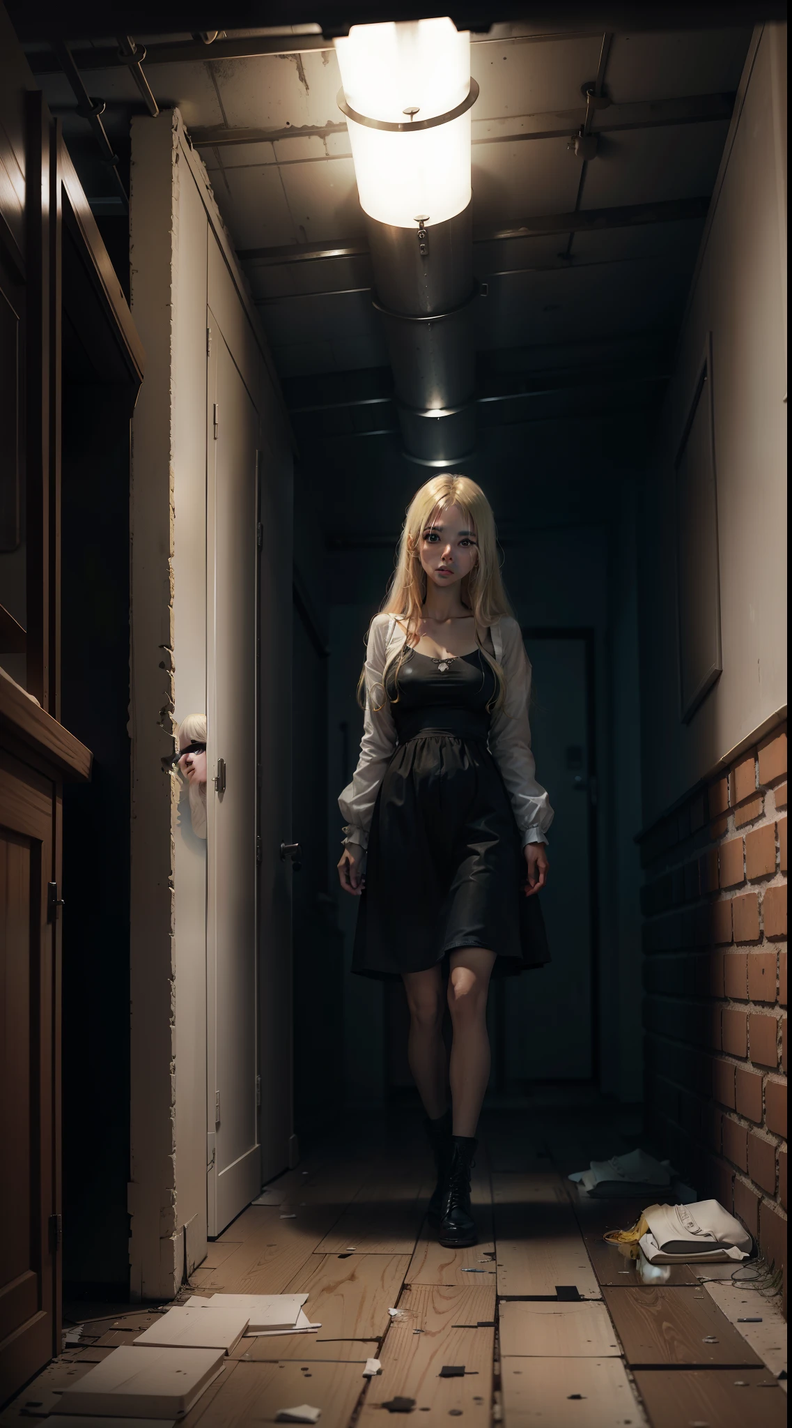 blonde woman in the basement, Alone, gloomy atmosphere, Jan Sodek Style