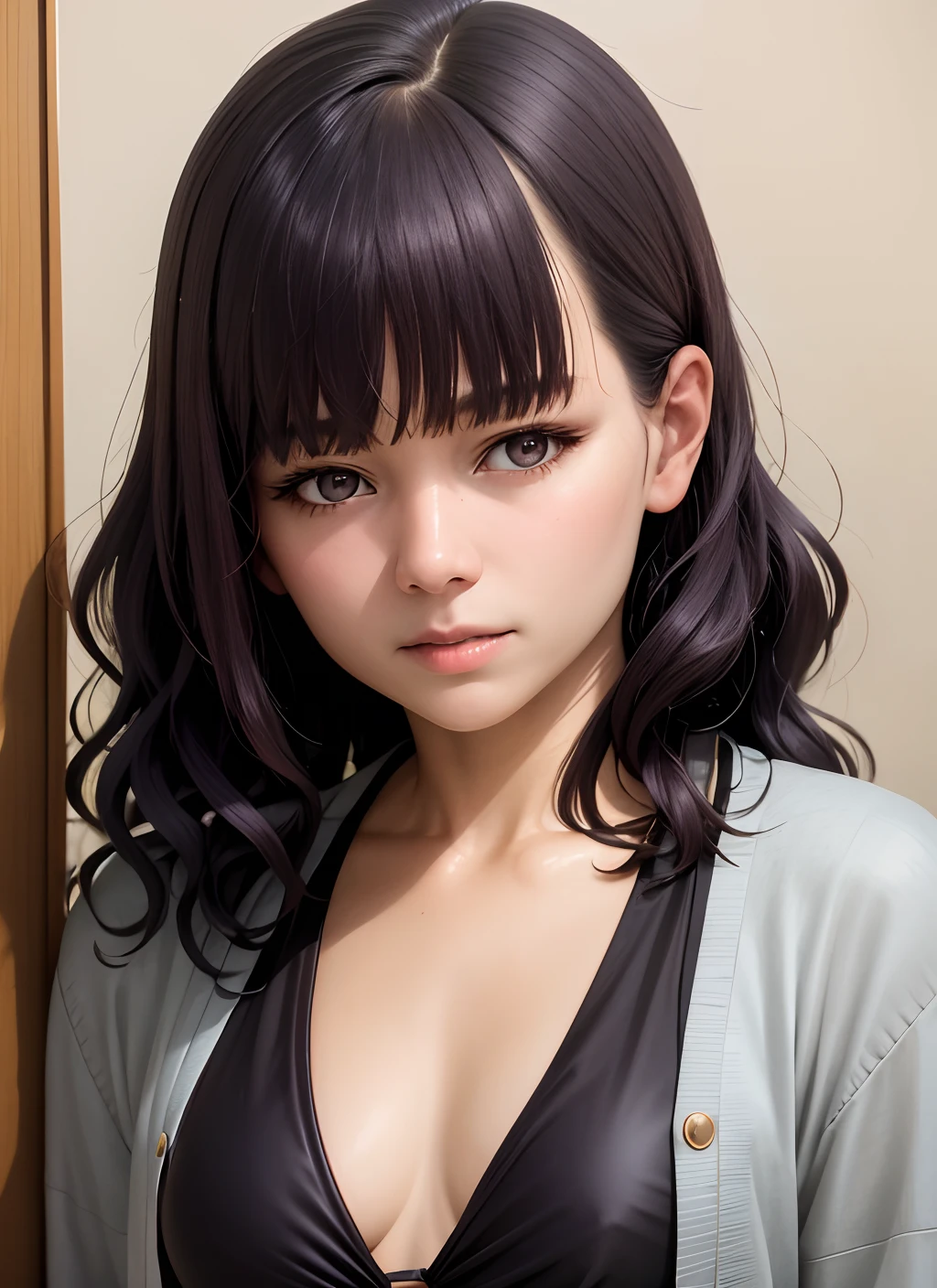 (realistic:1.5), 1girl, solo, gundou_misuzu, alternate hairstyle, wavy hair, medium hair, sidelocks, japanese, teen, looking at viewer, indoors, (shaded face), grey cardigan, open, long sleeves, portrait, messy hair, expressionless, maid bikini,