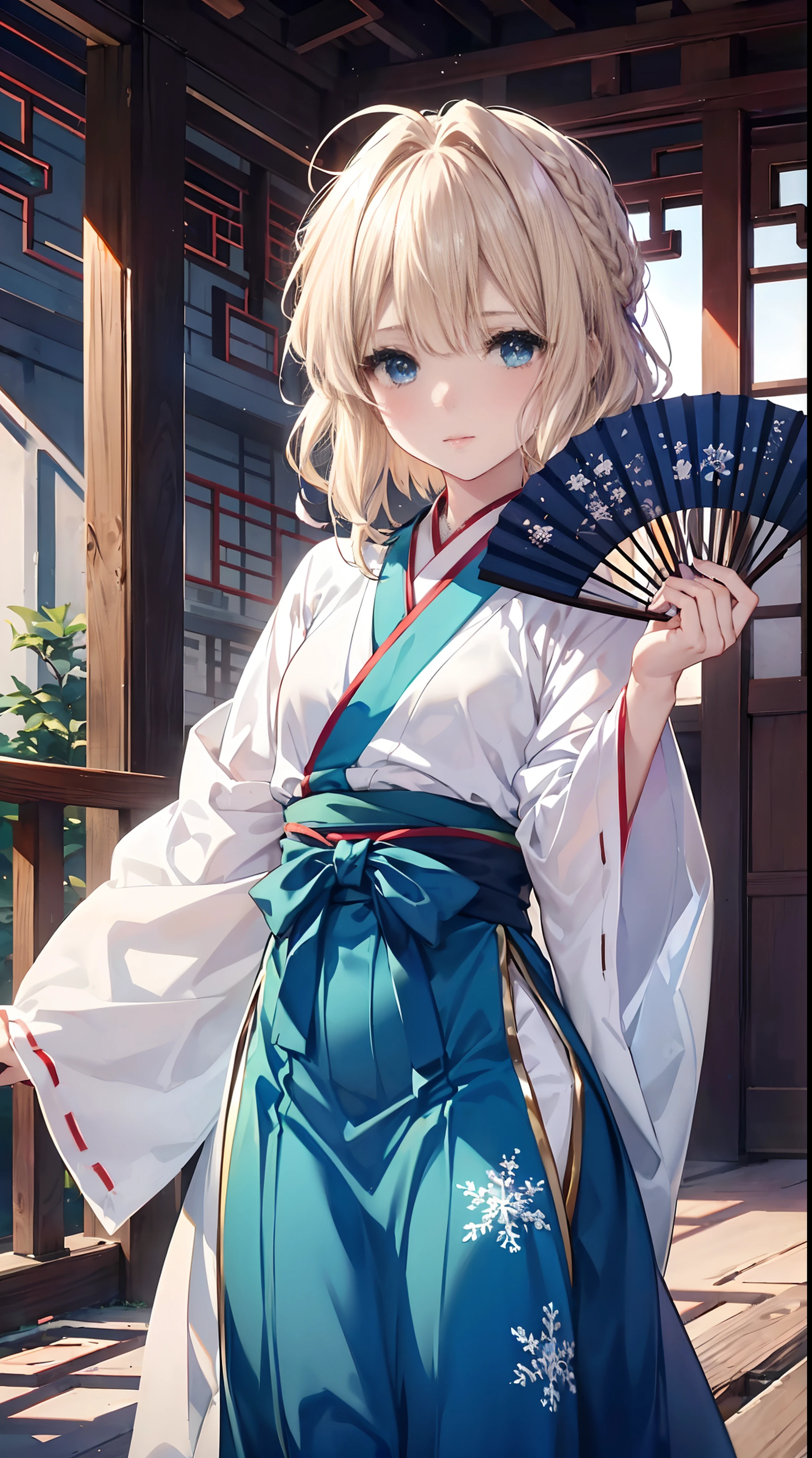 Violet,((Wear light blue Hanfu)),(Hanfu is decorated with snowflakes),((1 folding fan in his hand)),((Traditional Chinese palace)),(((Blonde hair))),(((blue color eyes)))