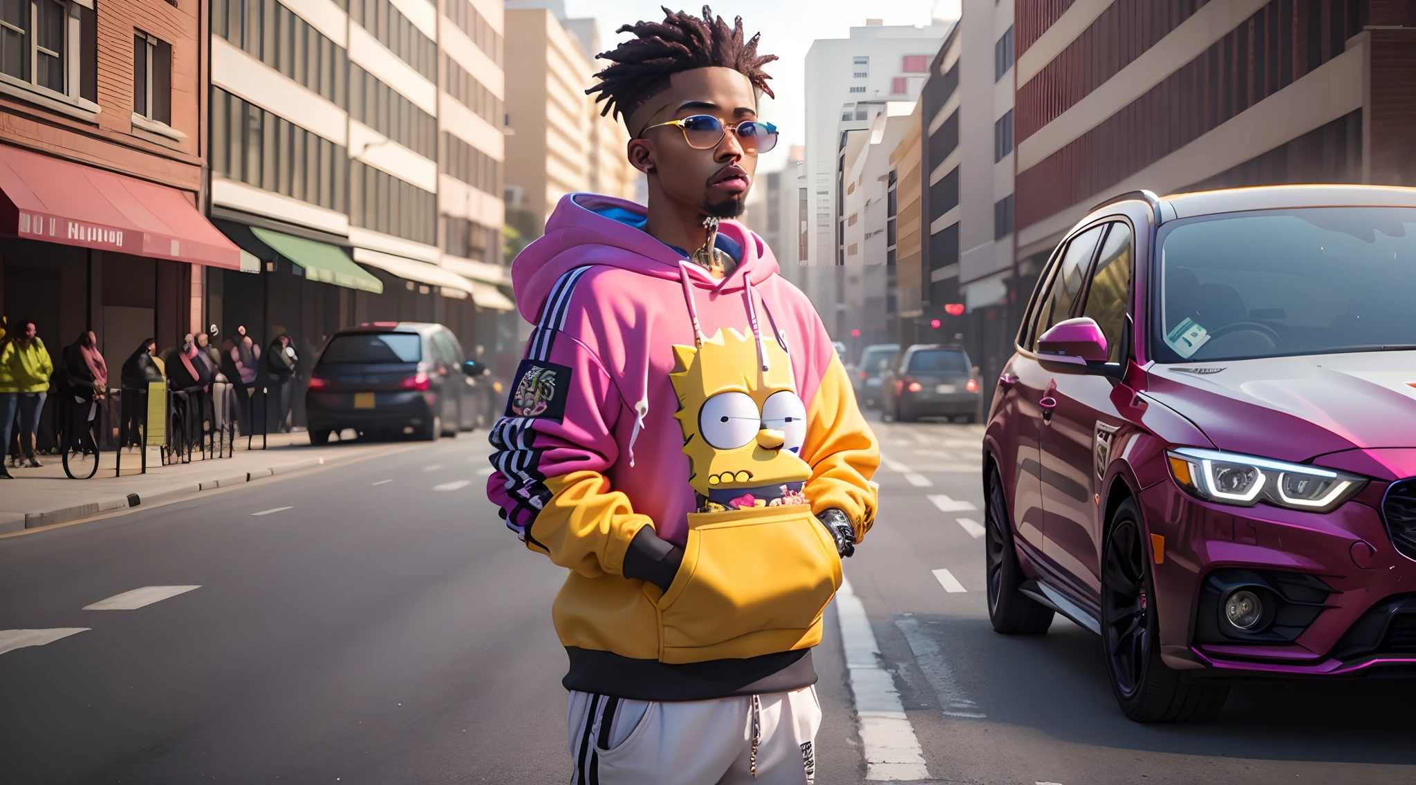 bart simpson, holding a white foam cup with pink liquid inside of it, standing in a street, cars in the background, gucci belt on, gold chains on, hypebeast Hoodie on, rapper clothes, gangster, 3d art, 3d wallpaper, wallpaper aesthetic, iced out chains glasses holds a drink in a car, in the style of rap aesthetics, 3d,32k uhd, dark purple, kingcore, wimmelbilder, bulbous, rtx on