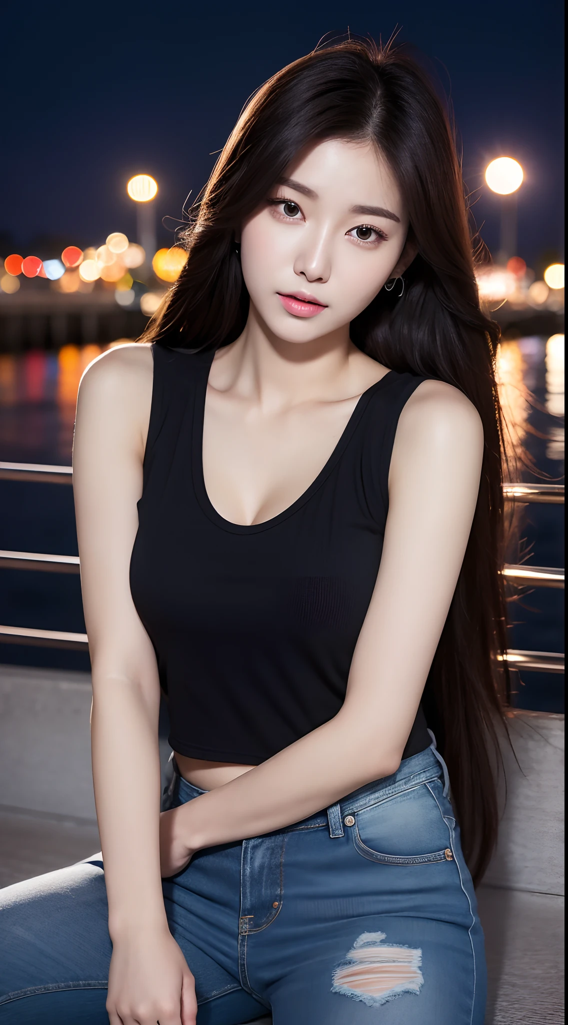 Realistic photos of (1 cute Korean star) expressive hair, thin makeup, 32 inch breasts size,wearing black tank top, jeans pants, sitting at the pier, night, upper body portrait, UHD