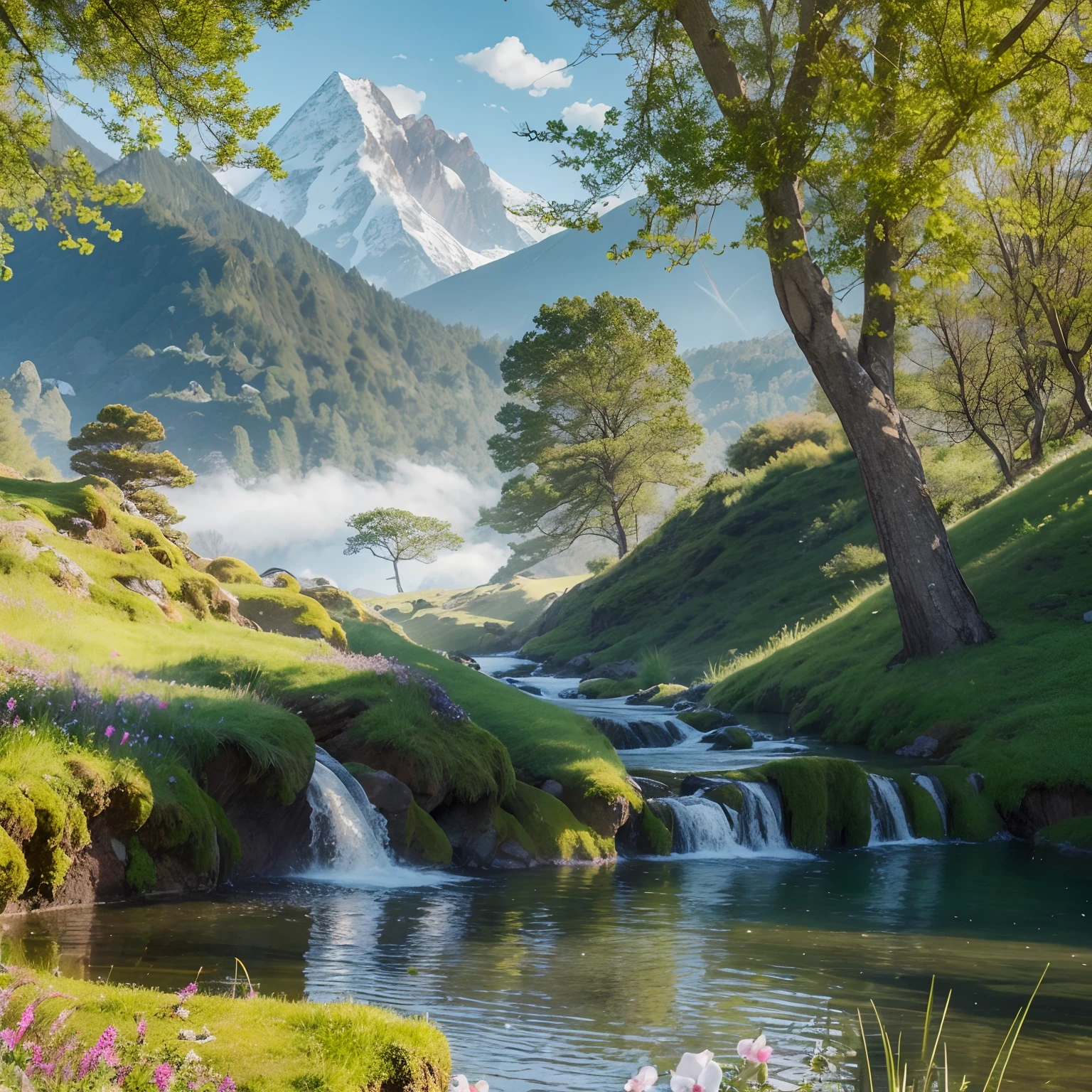 A serene, emerald-green meadow stretches out as far as the eye can see. The grass is lush and vibrant, swaying gently in the breeze. In the center of the meadow stands an ancient, gnarled tree with sprawling branches that reach towards the sky. The tree is majestic and wise, its trunk adorned with moss and small, colorful flowers. Sunlight filters through the leaves, casting dappled patterns on the ground below. In the distance, majestic snow-capped mountains rise into the clear blue sky. Birds soar overhead, and a small stream winds its way through the meadow, its crystal-clear waters reflecting the beauty of the surroundings. The scene is filled with a sense of tranquility and possibility, inviting the viewer to step into this enchanting world and explore its secrets.