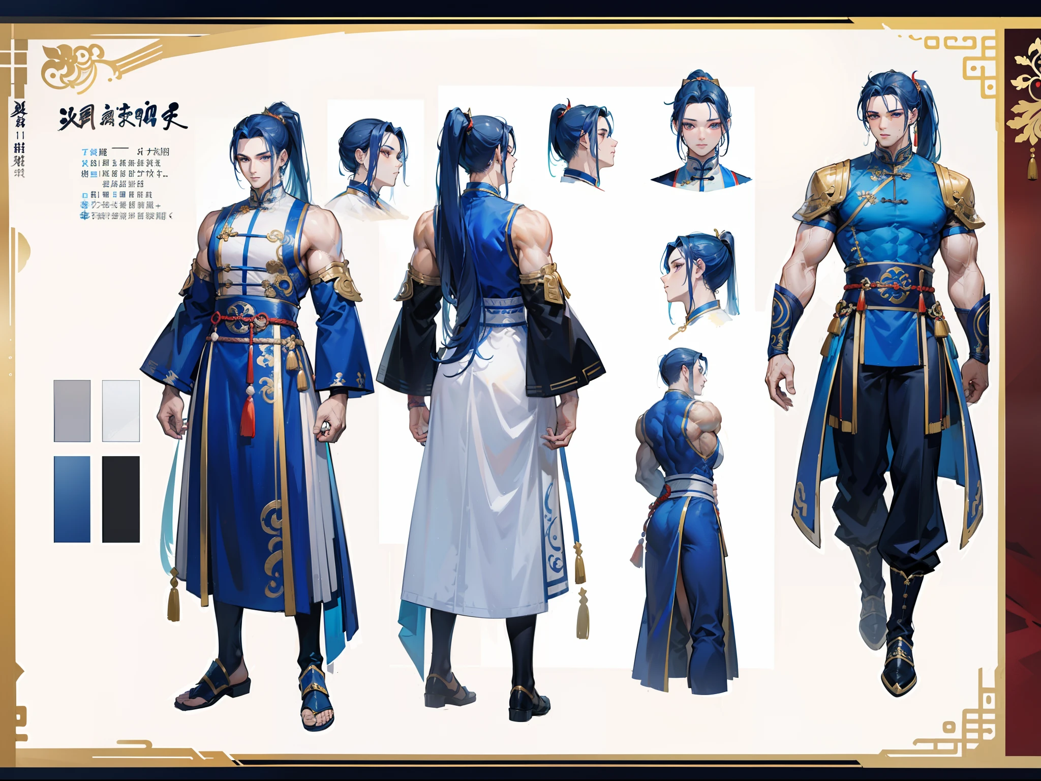 ((Masterpiece, Highest quality)), Detailed face, character design sheet, full bodyesbian, Full of details, frontal body view, back body view, Highly detailed, Depth, Many parts, Muscle boy with ponytail long blue hair,handsome man, muscle body, Traditional chinese clothes, man tall
