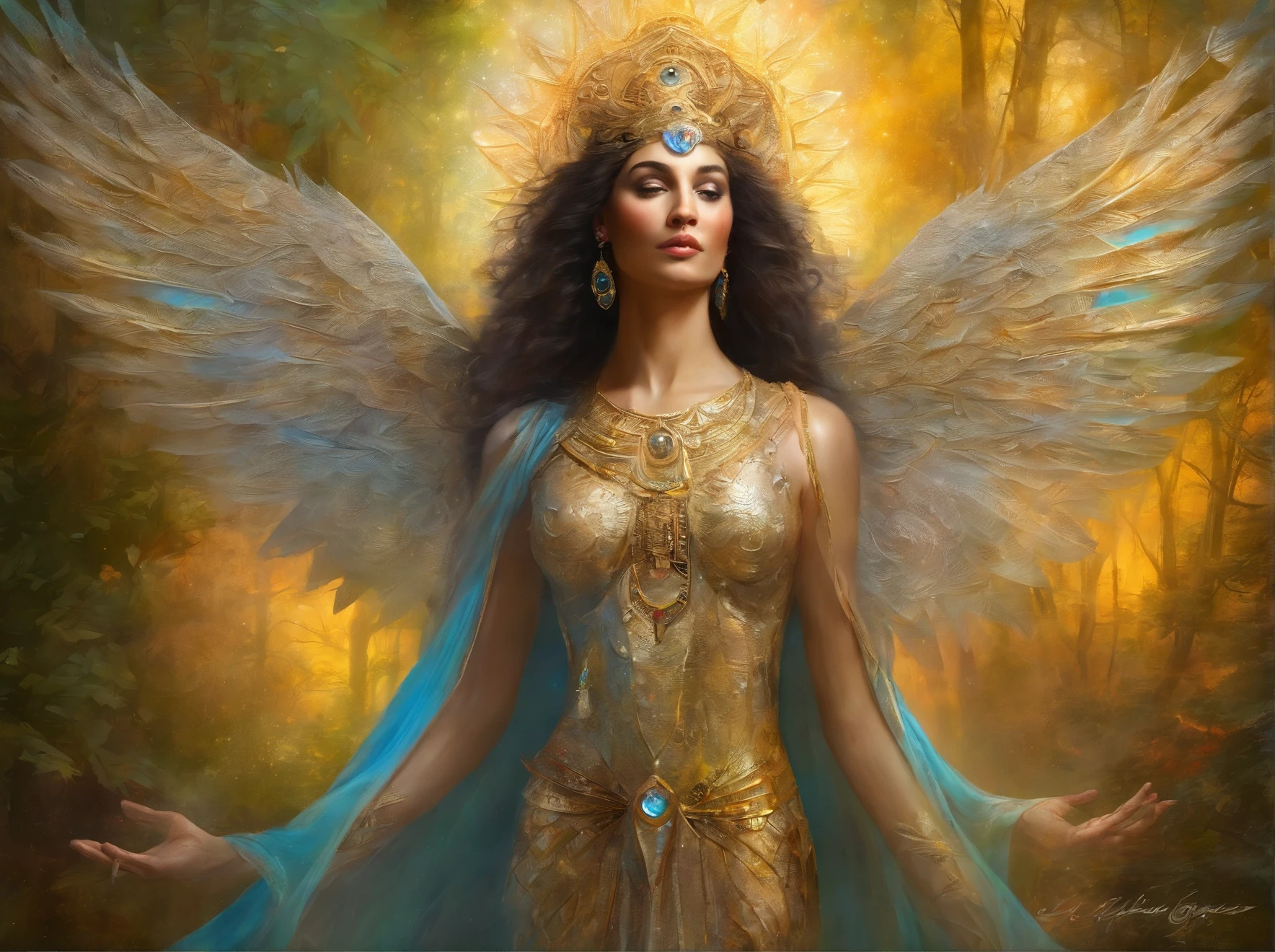 masterpiece Guardian of the Enchanted Grovean isis goddess with iridescent, wing-like pauldrons, standing tall amidst an ethereal grove of towering, luminescent the forest floor covered in sparkling dewdrops, a mystical aura emanating from her presence, the air filled with a soft, golden glow, captured through a hyper-realistic digital painting with a focus on intricate details and a seamless blend of natural and magical elements, rendered using a combination of Blender and Photoshop.
